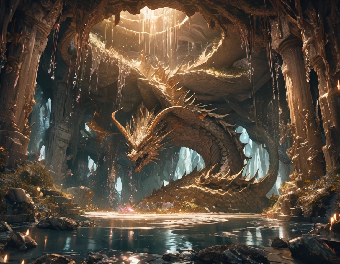 Grotto Room，（（（Full of crystals）））dragon，water flow，The light is very dark，magic（（（Horror atmosphere）））（（（masterpiece）））， （（best quality））， （（intricate details））， （（Surrealism））（8K）