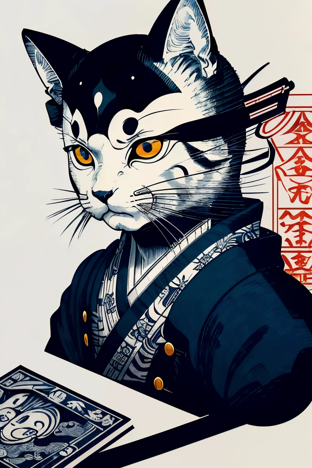 Ukiyo-e painting of a cat hacker donning VR headsets, meticulously crafted on a postage stamp, devoid of any characters or text in intricate detail. (Anime: 1.5), (Minimalist: 1.2), (Drama: 1.1), (Monochrome: 1.3), hyperdetail, (Shadow and Contrast: 1.4), (Metallic Finish: 1.1), (UKiyo-e Style: 1.5), (High Definition: 1.4), (Focus on Eyes: 1.3), (Detailed Whiskers: 1.2