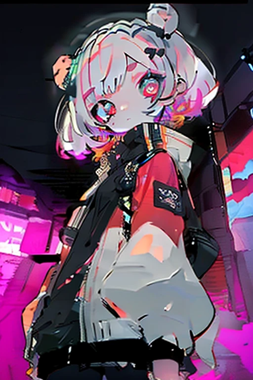 #quality(8k,best quality, masterpiece,super detailed),solo,#1 girl(qute,kawaii,small kid,,shot hair,hairbow,eye color is cosmic,big eyes,at noisy city,from below,pale skin,extremy white skin,glossy body,punk rock costume),#background(neon lights,outside,night)