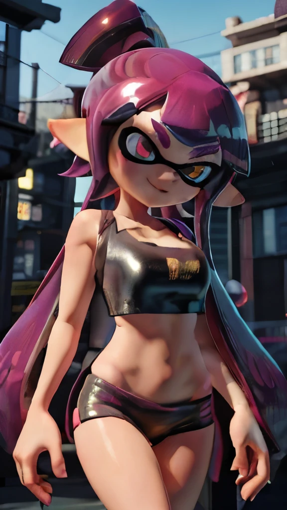 masterpiece、highest quality、High resolution、4k、1 beautiful girl、girl、splatoon inkling, tentacle hair、ink bomb、(((whole body)))、neon blue tentacle hair、ponytail tentacle hair、big ribbon、sharp outline、golden eyes、Big eyes、smile、cheek、Lipstick、slender body、super big breasts、cleavage、pointed earicro mini skirt、fashionable、Large accessories、outdoor、sexy dynamic pose、figure 