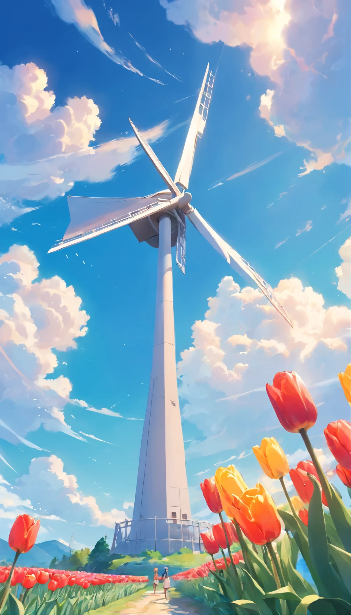 summer，[[[windmill]]]，low angle of view，(tulip)，Blue sky and white clouds，背景是windmill和山，nobody，high details, 16k