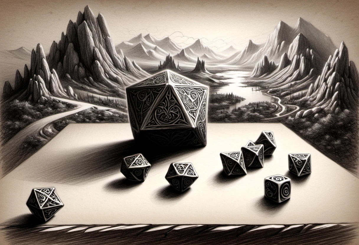 Macro photo of octahedral dice resting amidst a rough charcoal sketch, atop an artist's table, scene captured with a view from above, capturing a medieval hero's journey with adventurers advancing toward a mountain fortress, distant dragons looming, high-detailed landscape, Miki Asai-inspired macro photography,  Todd Lockwood style of hyperrealism, trending ArtStation visuals, sharp focus, intricate details. highly detailed