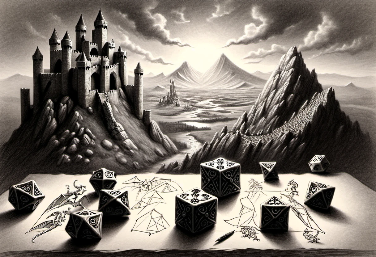 Macro photo of octahedral dice resting amidst a rough charcoal sketch, atop an artist's table, scene captured with a view from above, capturing a medieval hero's journey with adventurers advancing toward a mountain fortress, distant dragons looming, high-detailed landscape, Miki Asai-inspired macro photography,  Todd Lockwood style of hyperrealism, trending ArtStation visuals, sharp focus, intricate details. highly detailed