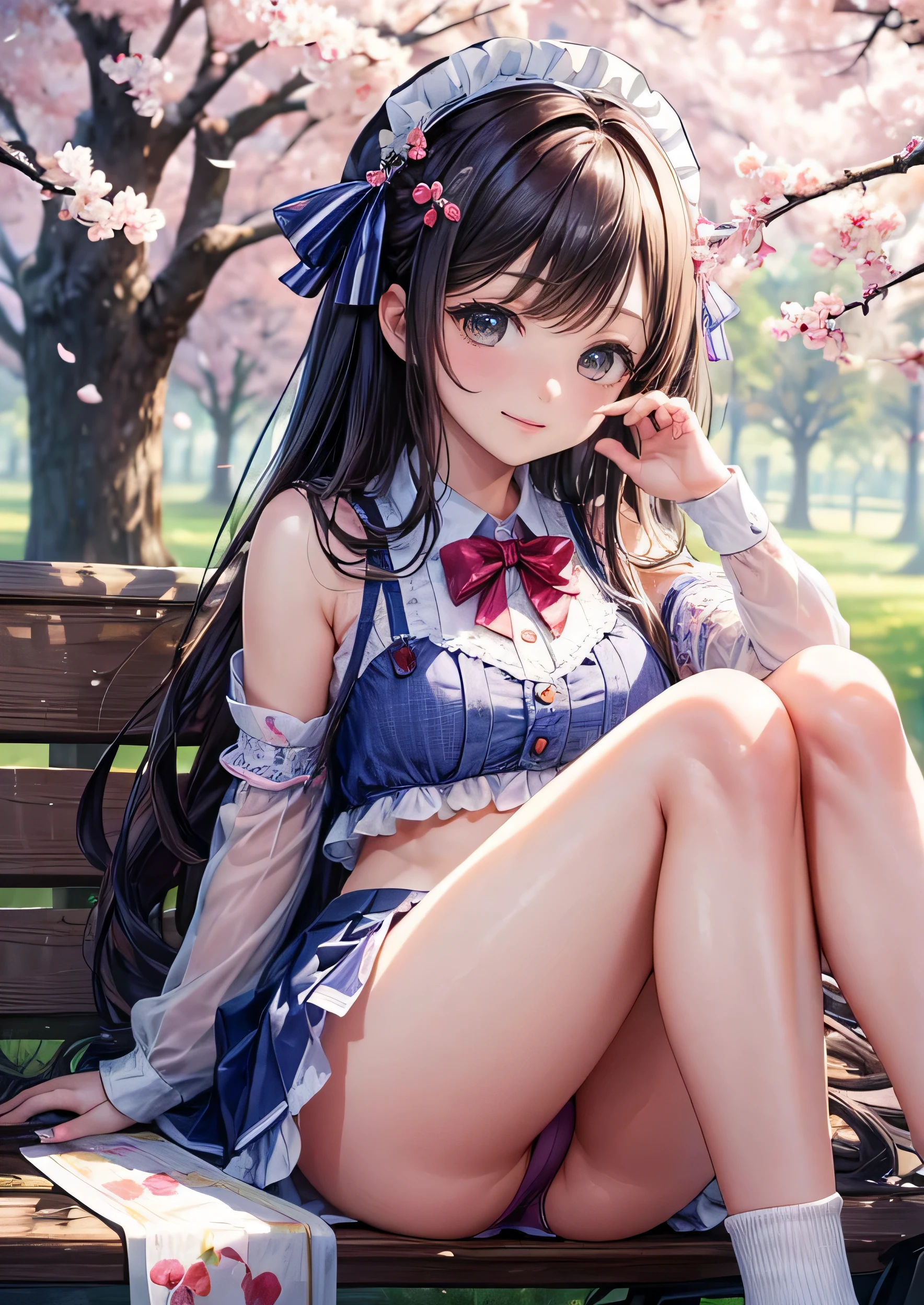 (masterpiece:1.4), ((highest quality)), (Super detailed), ((cute)), (cute), (Lovely), ((sexy)), (device), ((very detailed)), 4k, (8K), highest quality, (beautiful), perfect hands,perfect five fingers,1 girl, cute,beautiful girl,high school student,sitting on a park bench, smile,NSFW1.3,mini skirt,panties shot,panties shot,panties,man streak,Surrounded by cherry trees,she has a polaroid camera in her hand, smile at the camera,Create a warm and cozy atmosphere,Cherry blossom petals are dancing,view audience,front,cowboy shot,The angle of view is from bottom to top