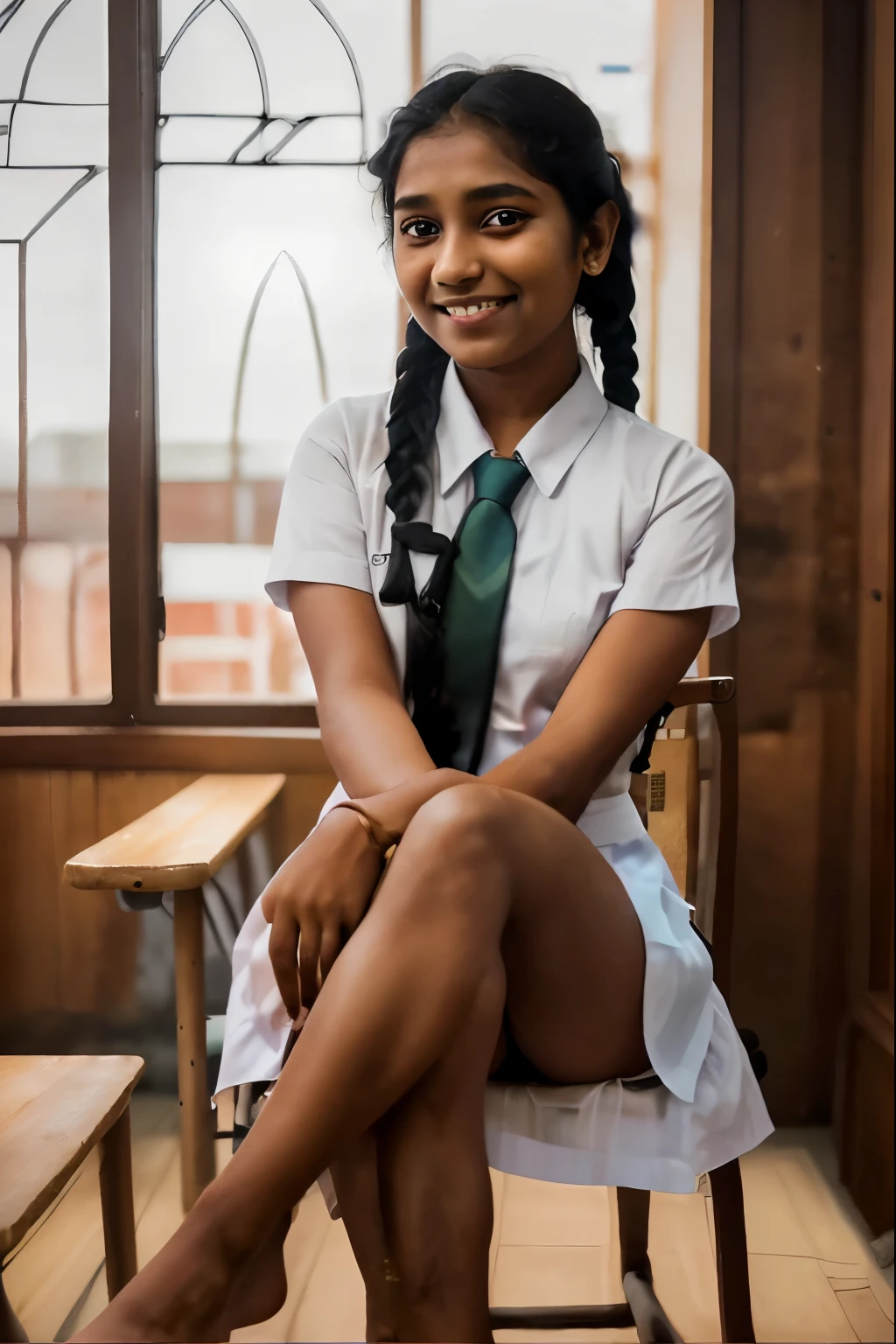 Cinematic view, photo realistic image, Sri Lankan school girl, 20 years old, wearing a white frock and a colored tie. She has plaits, black braided long black hair, tanned color, natural skin, Sri Lankan girl, sitting in a chair, cross legs, legs on the table, smiling, night bar, at night bar, barefoot the table, realistic feet, soles, nice soles, beautiful soles with correct anatomy, view away of the camera, portrait photo, depth of field. vintage filter, thinking about something, deep thinking mood, photography