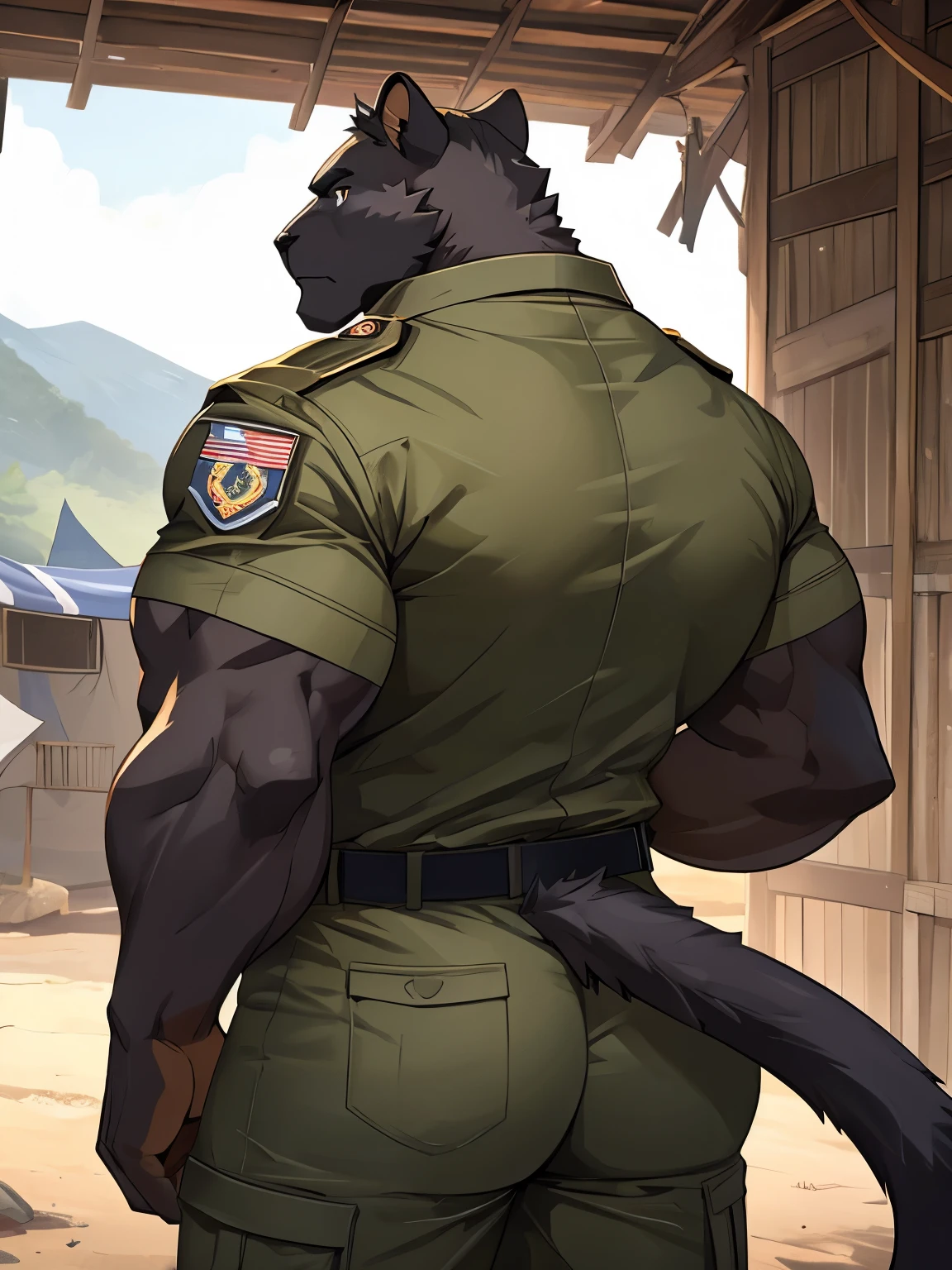 white wolf,dark brown eyes,Realistic eye details 1.5,Realistic hands 1.5,Strong body 1.2,wearing usmc dress blues alphas 2.0 ,The penis is getting hard.,Penis sticking out of crotch 1.0,Ejaculate a large amount of semen. ,Looking straight at the viewer,seductive eyes,Behind is a military camp.,