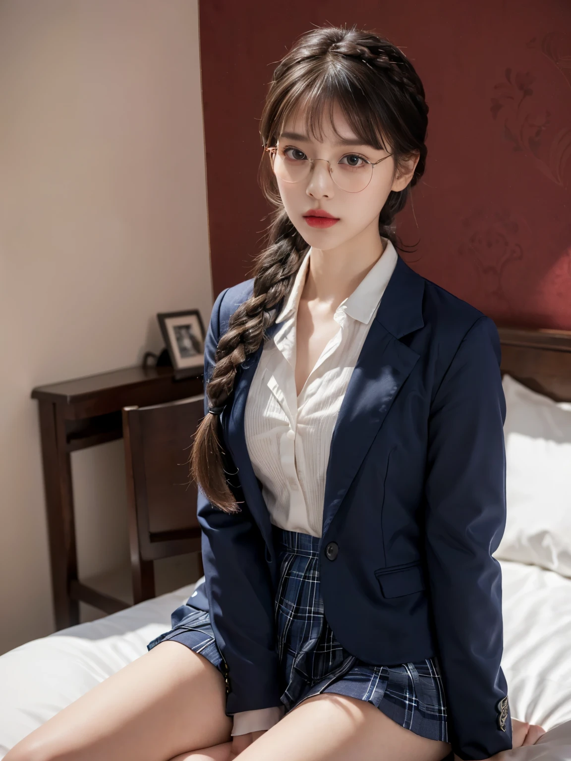 raw photo, 8k, (top-quality), Realistic, (real picture, Intricate details), (natural skin texture, detailed skin, hyper realism, sharpness), (Japanese teenage glasses girl sitting on bed in a hotel), (school uniform, Theme color is dark navy), (Formal jacket dark blue), White shirt, open front, short pleated skirt is plaid, white Socks, (pale skin:1.2), slender body, ((braid hairstyle, blunt bangs)), (glasses seductive face, Parted lips:1.3, eye bag:1.2, red lip, undereye circle, thick lips), thighs, red wallpaper:1.3, full body shot