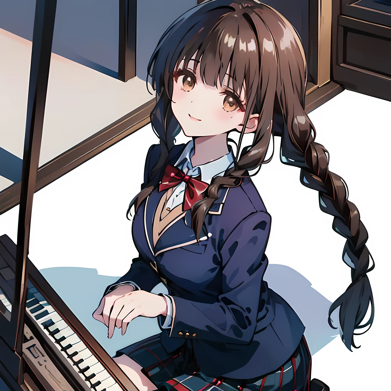 highest quality, (masterpiece:1.2), High resolution, perfect pixel, One so beautiful woman is standing, , (((big very detailed beautiful dark brown eyes))), ((girly large wine-red glossy polyester Japanese school ribbon bow tie)), (((beautiful twin braids hair))), ((((dark blue & deep navy colored tartan checkered formal skirt)))), ((A formal dark blue blazer that is slightly larger and has a gold emblem on the left chest that feels like the texture of the cloth.)), Watching the viewer and laughing, Very fun, Very happy, mouth is open, the skirt is so cute, detailed fingers, modest chest, curled bangs, ((Lip balm)), so beautiful, long eyelashes, ((Skirt and bow tie is photo realistic)), ((The background is a music room with a piano.)), Appeal to viewers, big long girly hair ribbons, ((Impressive and very beautiful eyes)), ((Photographed from diagonally above)), double eyelids, The entire skirt is photographed, (((upward glance))), ((look up from under her brows))