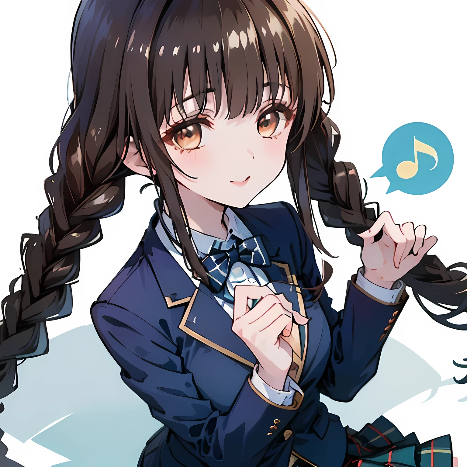 highest quality, (masterpiece:1.2), High resolution, perfect pixel, One so beautiful woman is standing, 16 years old, (((big very detailed beautiful dark brown eyes))), ((girly large wine-red glossy polyester Japanese school ribbon bow tie)), (((beautiful twin braids hair))), ((((dark blue & deep navy colored tartan checkered formal skirt)))), ((A formal dark blue blazer that is slightly larger and has a gold emblem on the left chest that feels like the texture of the cloth.)), Watching the viewer and laughing, Very fun, Very happy, mouth is open, the skirt is so cute, detailed fingers, modest chest, curled bangs, ((Lip balm)), so beautiful, long eyelashes, ((Skirt and bow tie is photo realistic)), ((The background is a music room with a piano.)), Appeal to viewers, big long girly hair ribbons, ((Impressive and very beautiful eyes)), ((Photographed from diagonally above)), double eyelids, The entire skirt is photographed, (((upward glance))), ((look up from under her brows))