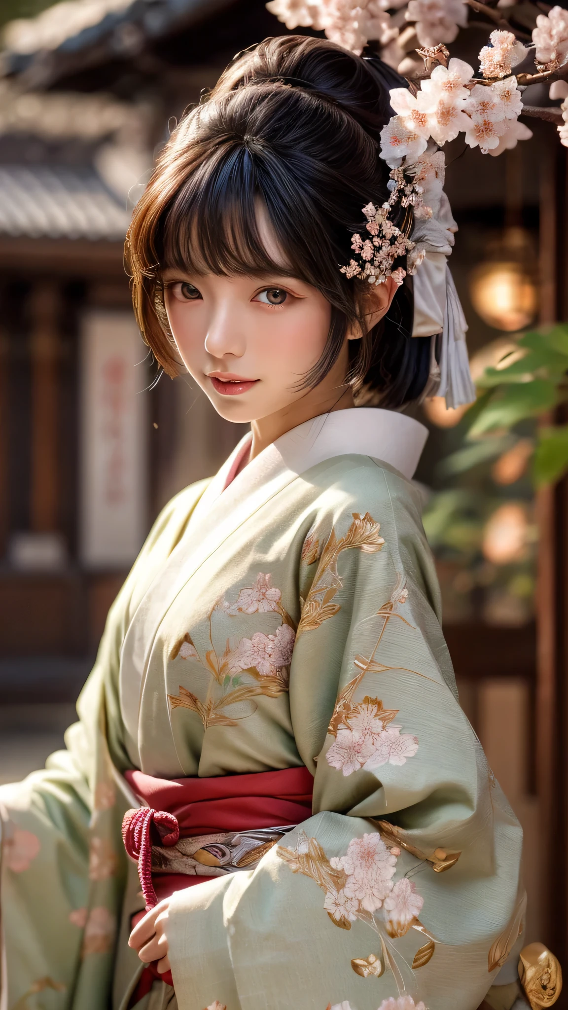 ff7 aerith, futuristic scene, Mechanically enhanced Japanese geisha、Elegant in an elaborate garden. She has beautifully detailed eyes and lips that complement her face. Geishas wear traditional kimonos with intricate patterns and designs.。.。.Gold and silver kimono。.。14 year old girl.. Around her are bright cherry blossoms and a quiet carp pond. The scenes are drawn using a combination of illustration and photorealism, cherry blossoms吹雪,Highly detailed brush strokes and sharpness, bright colors. Lighting that highlights the graceful figure of a geisha, Gives skin a soft, porcelain glow。. Artwork is of the highest quality, Displaying the exquisite details of geisha costumes, cherry blossoms, With sparkling carp scales. The overall color scheme is、、、、、traditional Japanese color combinations, crimson, hang on., With subtle gold accents, with a futuristic twist. Fusion of ancient tradition and modern technology、、Create mesmerizing and visually impressive masterpieces.The background is a traditional Japanese design in bright red and white.、random pose、I'laughter、Kimono with delicate pattern、stop pose