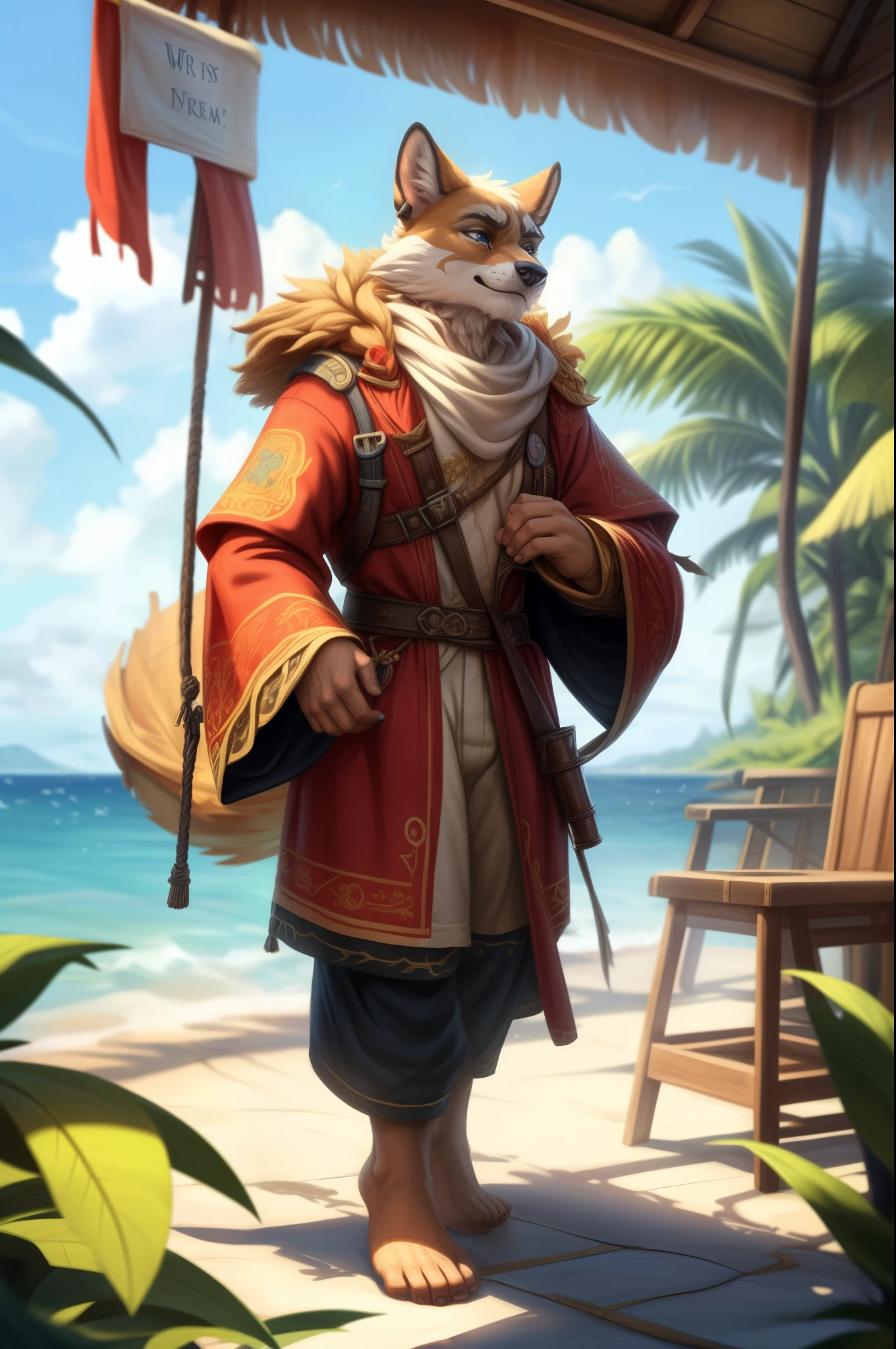 (((Barefoot furry character, full body, cinematic setting, male))) 

Masquerading as a man with a reason.
My charade is the event of the season
and if I claim to be a wise man, well
it surely means that I don't know.

On a stormy sea of moving emotion
tossed about I'm like a ship on the ocean.
I set a course for winds of fortune,
but I hear the voices say:

(Carry on my wayward son.)
(There'll be peace when you are done.)
(Lay your weary head to rest.)
(Don't you cry no more.)

BREAK, detailed background (modern lab), 8K, (masterpiece:1.5), intricate details, highly detailed, extreme detail, octane render, fine art, best quality, highres, (detailed face:1.5), ((full_body)), UHD, (((perfect hands)))