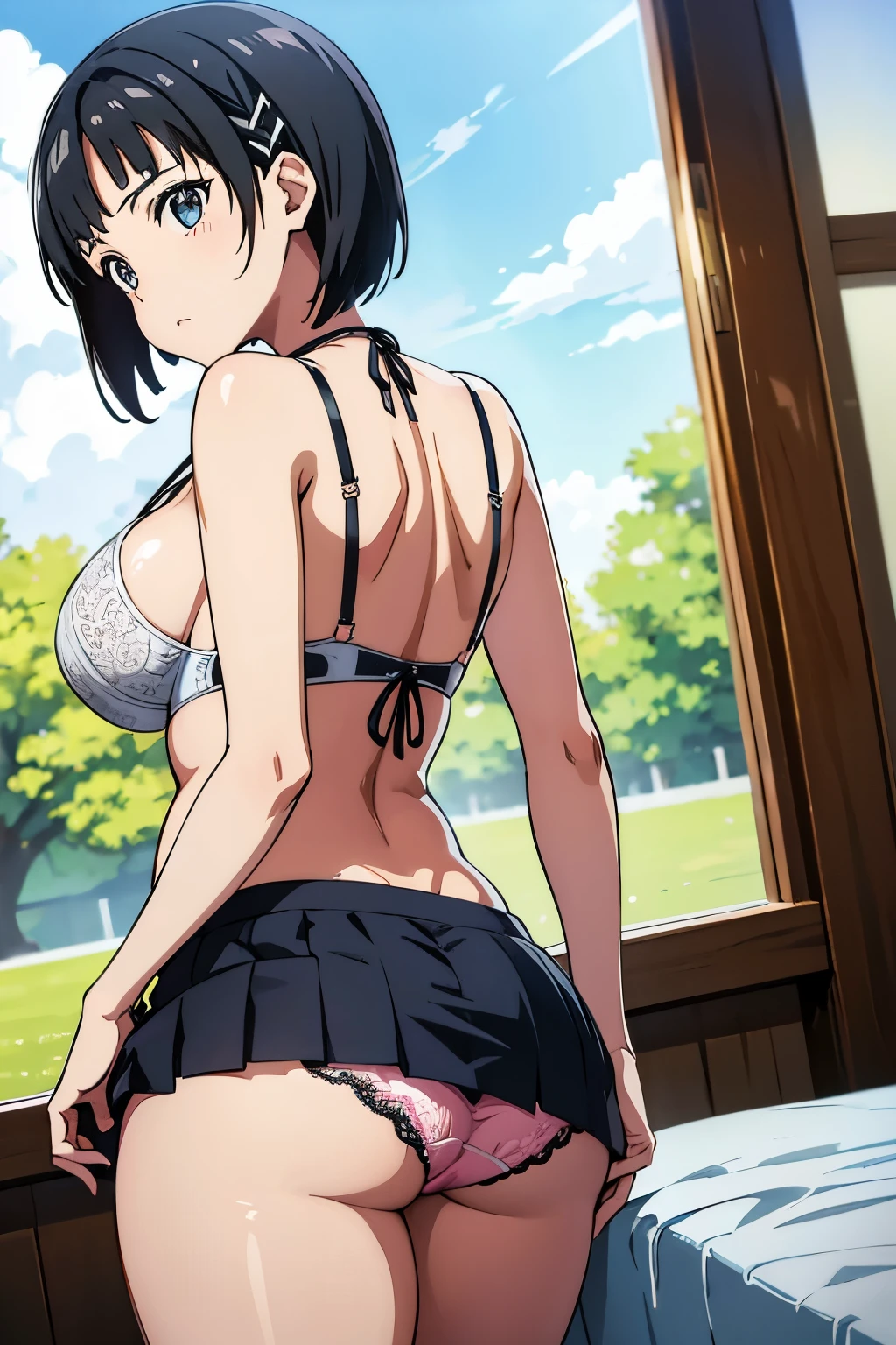 Huge , Naoha Kirigaya(Sword Art Online), 1 girl,real、 bob hair, hair clip, masterpiece、highest quality、Huge tit、School、dynamic angle, lace bra、view with camera、Semen in panties、Big breasts that are about to burst:1.7、panties are visible、pointing your butt towards me、Looking back、Lace pink panties、Low - Angle、T-back