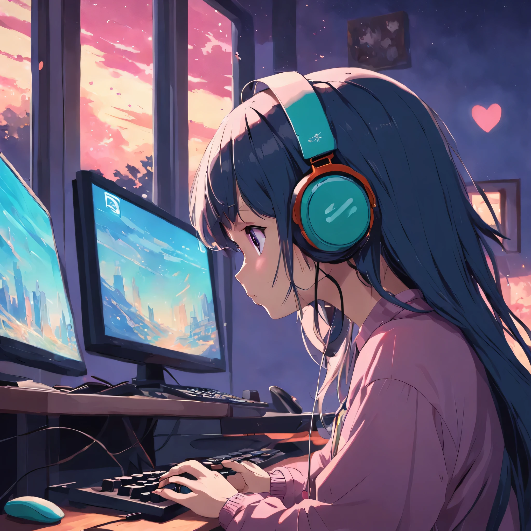 Sad lofi girl looking out the window having a headset on her head and playing with the pc mouse. background wall has a peaceful painting