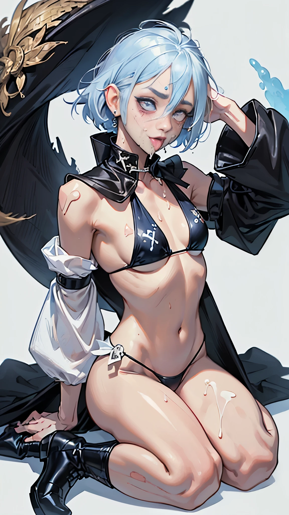 (((((middle-aged women))))), masterpiece, super detailed, 8K portrait, RAW photo, portrait photography, highly detailed face, ((fantasy)), 1 female, (((short woman))), (((magician))), (((((nervous look))))), (wariza:2.0), (((((pussy juice))))), (((A face full of errors))), 33 years old, (((slut))), (((((Pee smell))))), (((bad smell))), (((little eyes))), (((white medium bob hair))), (((Sideburns hide a long face))), (ahegao:2.0), (((((drool overflowing))))), Larger earrings, (((white skin color))), (((((Dusky blue ultra-fit puffy sleeve bikini))))), chest pocket, (((black silk cloak))), (((little waist hip pouch))), (((leather boots))))), (((Equip a long wooden stick))), midday sun, surreal, ((((flat chest)))), (((thick thighs))), long legs, In the medieval outdoor, environmental lighting, shadow details , Focus the camera on the thigh, strong wind, light fog