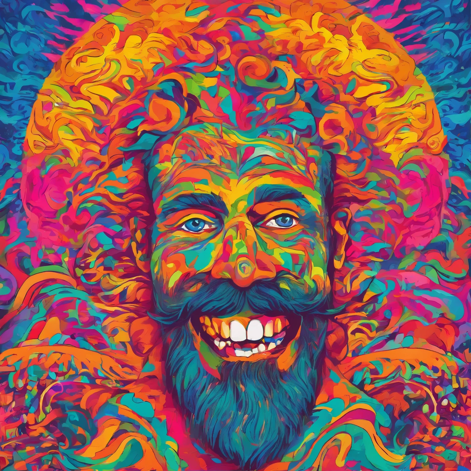 Bearded guru with a big, teeth showing, smile. Eyes wide open with dilated pupils. Extreme psychedelic visual patterns and colors throughout