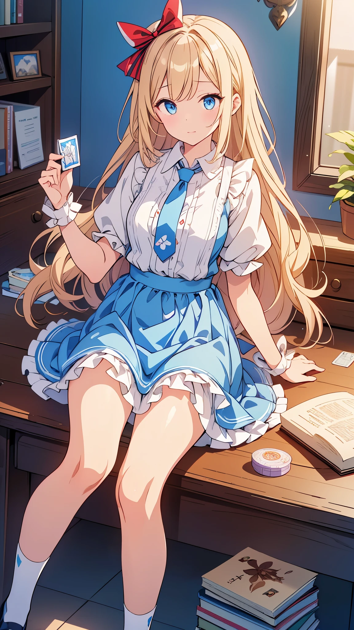 (official art、highest quality、Unity 8k 壁紙、32k、masterpiece、super detailed、超A high resolution)、Fantastic、((alice in wonderland))、blonde、tie hair with ribbon、blue colored eyes、Blue Apron Dress、white socks、playing cards、Usagi