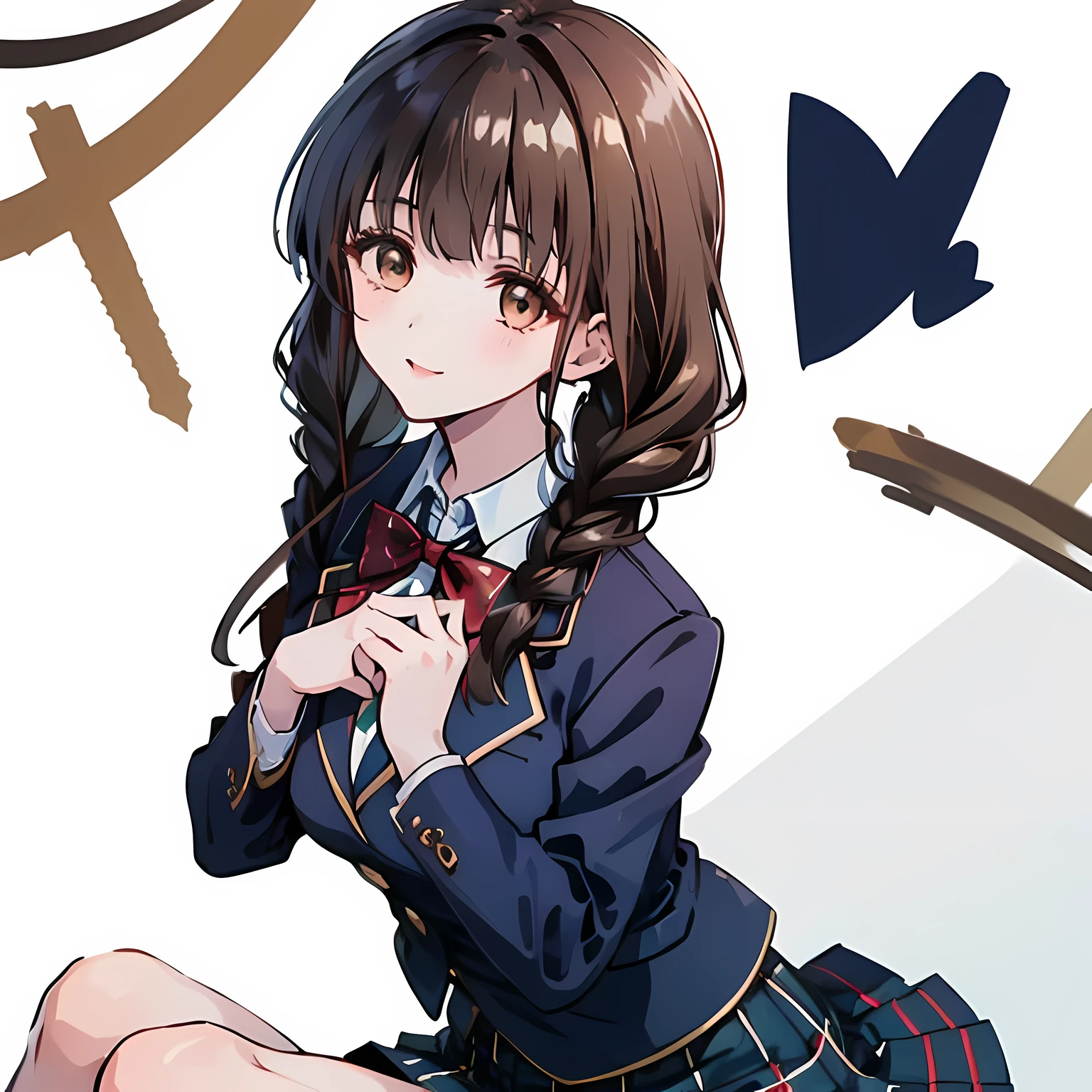 highest quality, (masterpiece:1.2), High resolution, perfect pixel, One so beautiful woman is standing, , (((big very detailed beautiful dark brown eyes))), ((girly large wine-red glossy polyester Japanese school ribbon bow tie)), (((beautiful twin braids hair))), ((((dark blue & deep navy colored tartan checkered formal skirt)))), ((A formal dark blue blazer that is slightly larger and has a gold emblem on the left chest that feels like the texture of the cloth.)), Watching the viewer and laughing, Very fun, Very happy, mouth is open, the skirt is so cute, detailed fingers, modest chest, curled bangs, ((Lip balm)), so beautiful, long eyelashes, ((Skirt and bow tie is photo realistic)), ((shy girl)), Appeal to viewers, big long girly hair ribbons, ((Impressive and very beautiful eyes)), ((Photographed from diagonally above)), double eyelids, The entire skirt is photographed, (((upward glance))), ((look up from under her brows))