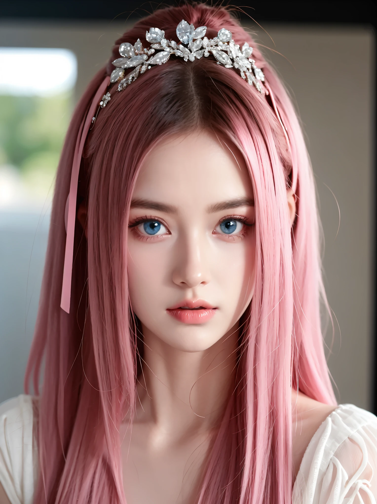 masterpiece, best quality,Lax-BK, 1 girl, alone, long hair, pink hair, very long hair, blue eyes, hair accessories