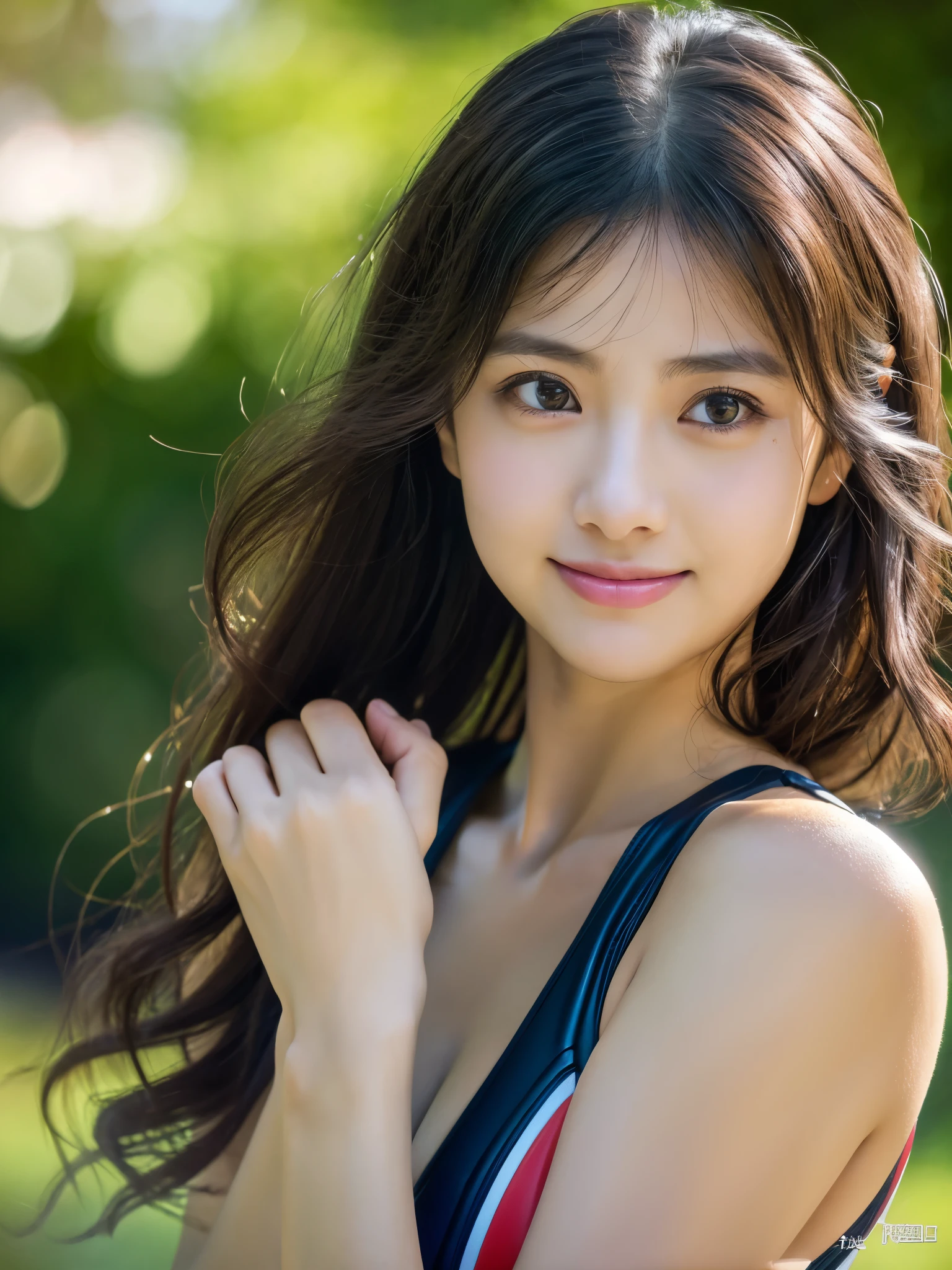 (8K、RAW photo、highest quality、masterpiece:1.45)、(realistic、Photoreal:1.37)、thigh、buttocks、(one girl)、cute、(slight smile)、pool、sprawl、southland、daytime、(Big eyes)、professional lighting、(huge tit:1.3)、photo mapping、Physically based rendering、gradient black hair、long curly hair、with a girl、((Swimsuit))、pale skin、highest qualityの写真、High resolution、1080p、(clear face)、(Detailed facial description)、(Detailed hand explanation)、 (masterpiece), (Detailed CG), extreme light and shadow, messy hair, rich details, (detailed facial features), (highest qualityの写真), (masterpiece), finely tuned,