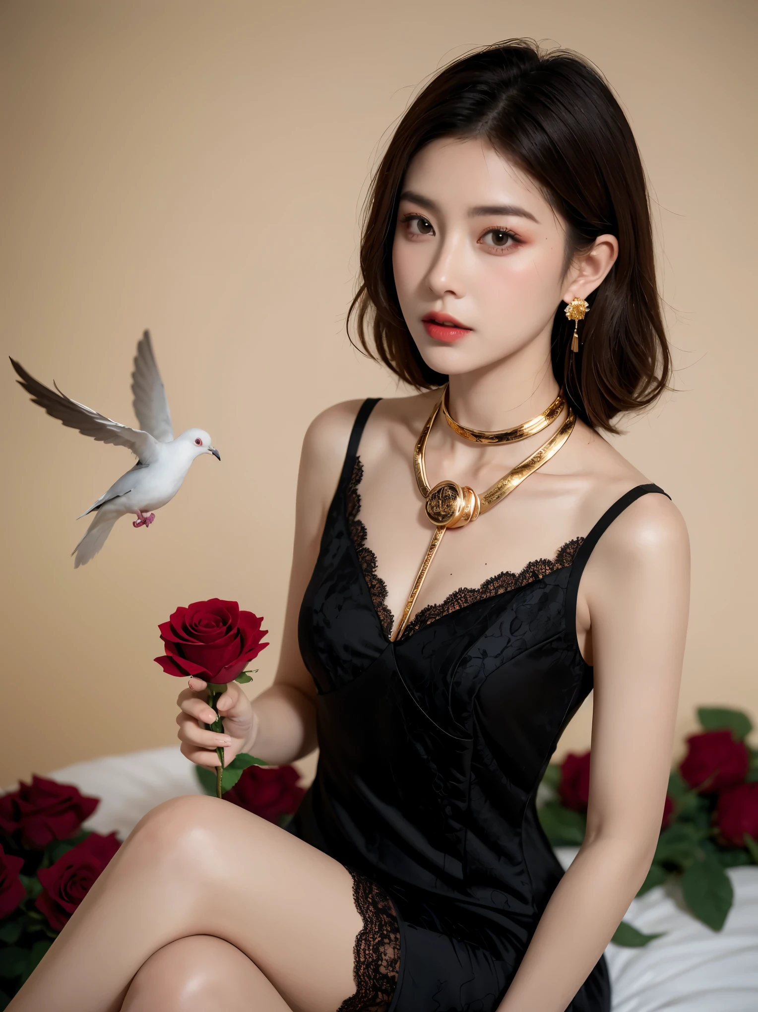 8K, original photo, Fujifilm, Styled photo of a beautiful 45 year old woman, square face, A red rose around the neck, Wearing a black lace dress with red, gold earrings, Features as powerful as a spinning dove, (highly refined skin: 1.2), medium brown hair with lights, film grain, 35mm, cute style