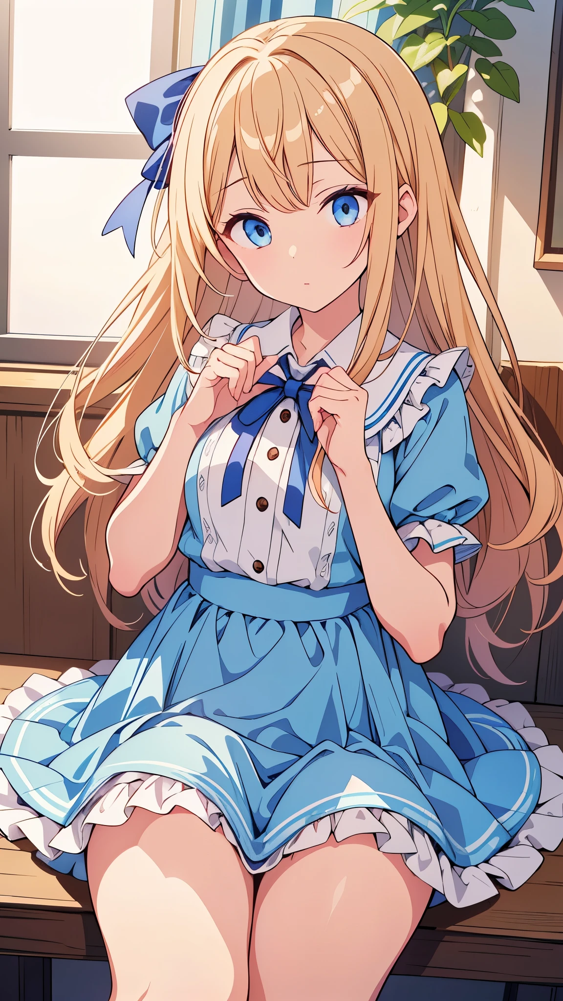 (official art、highest quality、Unity 8k 壁紙、32k、masterpiece、super detailed、超A high resolution)、Fantastic、((alice in wonderland))、blonde、tie hair with ribbon、blue colored eyes、Blue Apron Dress、white socks、playing cards、Usagi