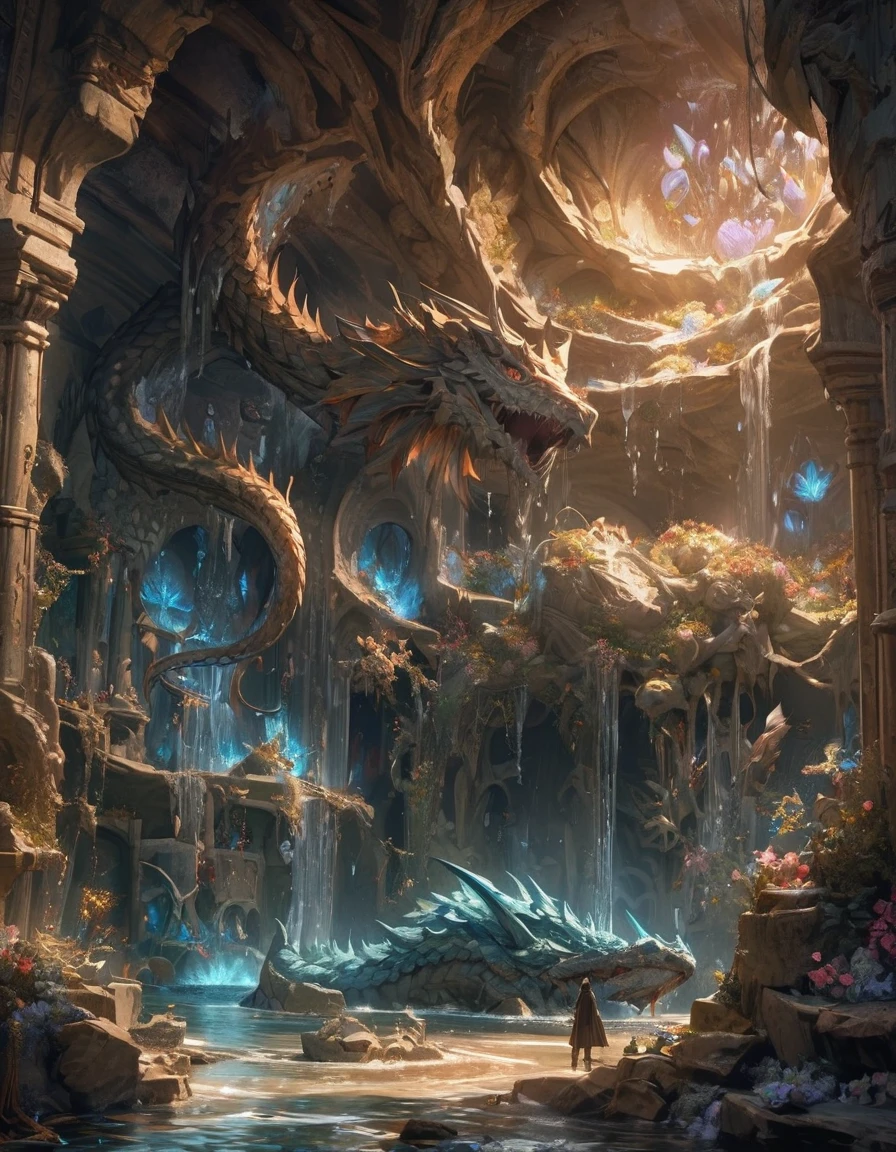 Grotto Room，（（（Full of crystals）））dragon，water flow，The light is very dark，magic（（（Horror atmosphere）））（（（masterpiece）））， （（best quality））， （（intricate details））， （（Surrealism））（8K）