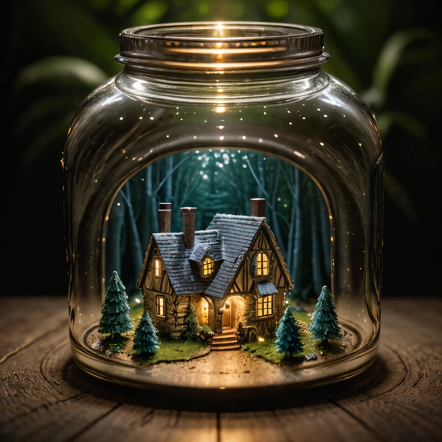 (An intricate mini-village trapped in a jar), atmospheric oliva lighting, on the table, 4k UHD, dark vibes, hyper detailed, vibrant colours forest background, epic composition, octane render, sharp focus, high resolution isometric, (film grain:1.3), The light is sparkling, high quality photography, 3 point lighting, flash with softbox, 4k, Canon EOS R3, HDR, smooth, sharp focus, high resolution, award winning photo, 80mm, f2.8, bokeh