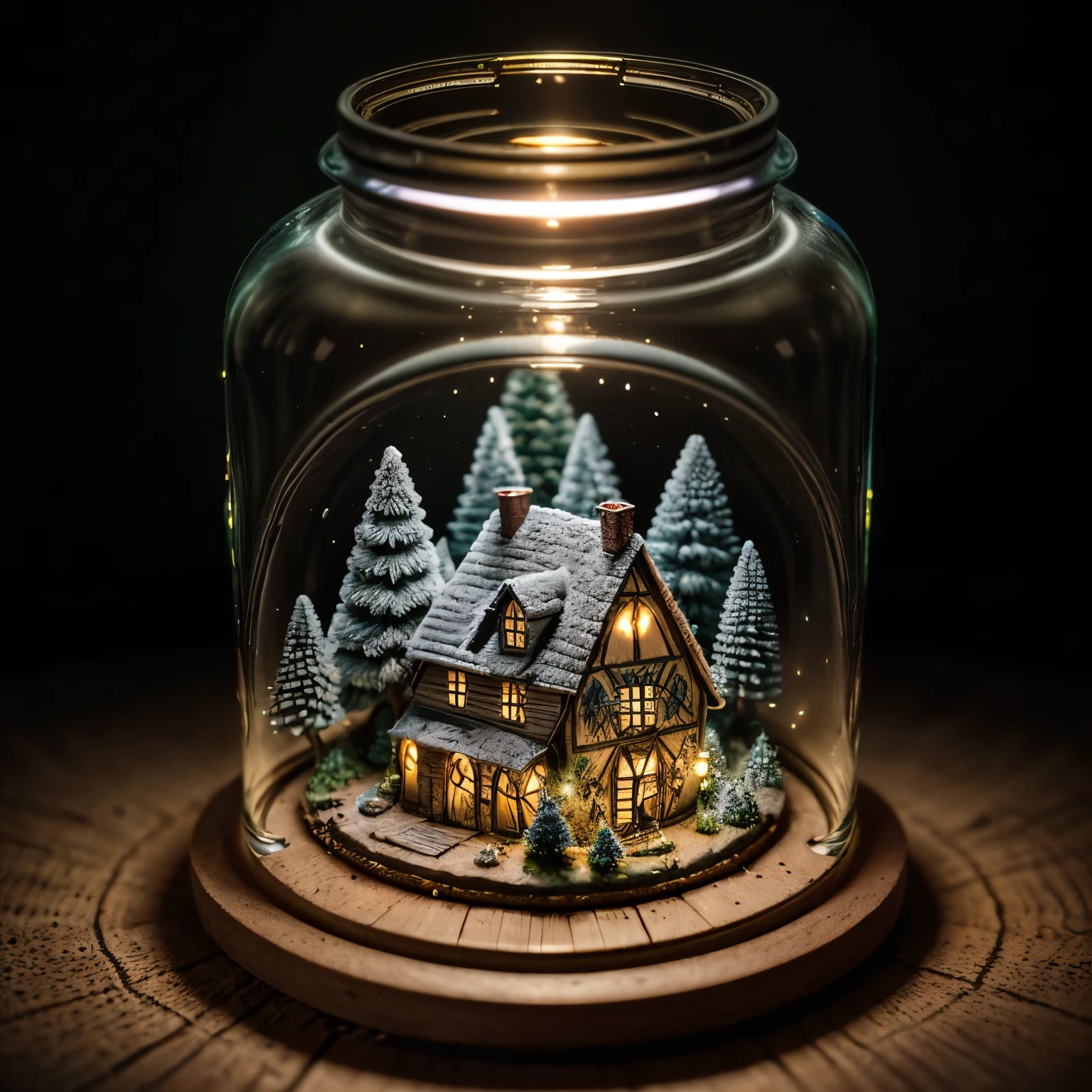 (An intricate mini-village trapped in a jar), atmospheric oliva lighting, on the table, 4k UHD, dark vibes, hyper detailed, vibrant colours forest background, epic composition, octane render, sharp focus, high resolution isometric, (film grain:1.3), The light is sparkling, high quality photography, 3 point lighting, flash with softbox, 4k, Canon EOS R3, HDR, smooth, sharp focus, high resolution, award winning photo, 80mm, f2.8, bokeh