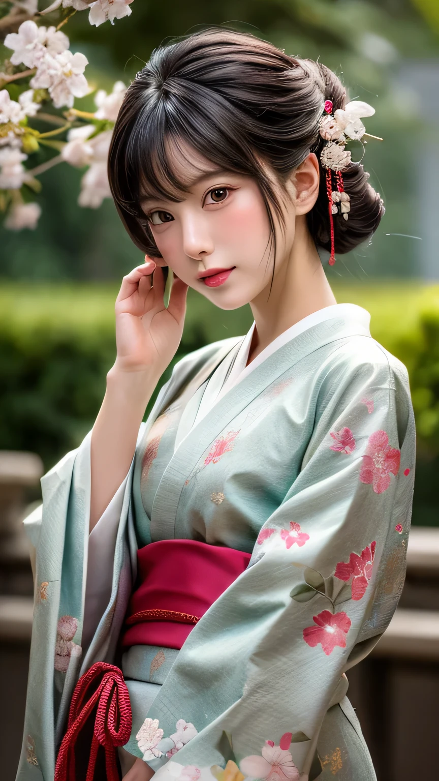 ff7 aerith, futuristic scene, Mechanically enhanced Japanese geisha、Elegant in an elaborate garden. She has beautifully detailed eyes and lips that complement her face. Geishas wear traditional kimonos with intricate patterns and designs.。.。.。.Gold and silver kimono。.。14 year old girl.. Around her are bright cherry blossoms and a quiet carp pond. The scenes are drawn using a combination of illustration and photorealism, cherry blossoms吹雪,Highly detailed brush strokes and sharpness, bright colors. Lighting that highlights the graceful figure of a geisha, gives softness to the skin, porcelain shine。. Artwork is of the highest quality, Displaying the exquisite details of geisha costumes, cherry blossoms, With sparkling carp scales. The overall color scheme is、、、、、、traditional Japanese color combinations, crimson, wait., With subtle gold accents, with a futuristic twist. Fusion of ancient tradition and modern technology、、Create mesmerizing and visually impressive masterpieces.The background is a traditional Japanese design in bright red and white.、random pose、I'laughter、Kimono with delicate pattern、stop pose