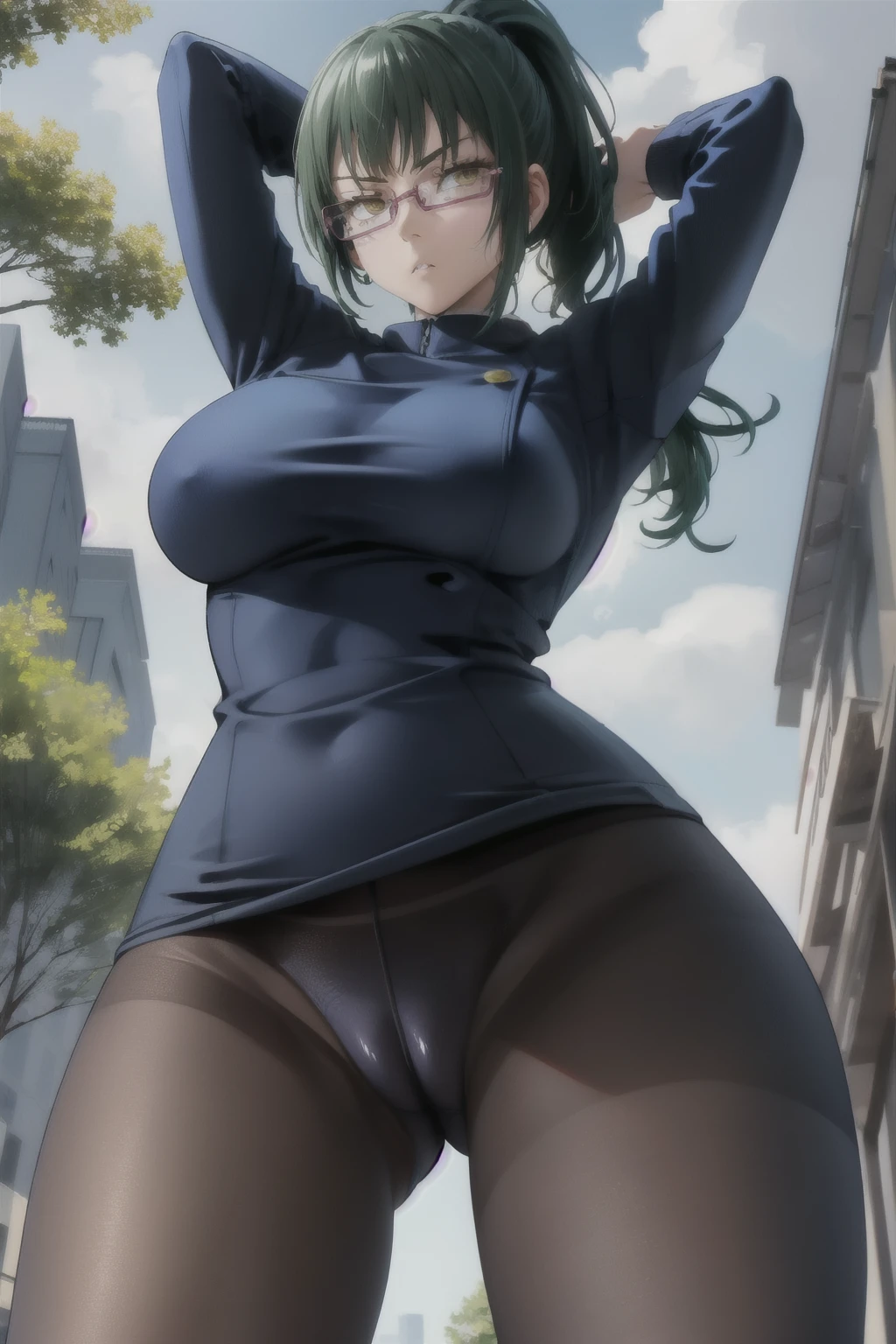 Super detailed face, Maki Zenin face,MakiS1, solo, bangs, 1girl, ponytail, green hair, glasses, , looking at viewer, cowboy shot, jacket, closed mouth, semi-rimless eyewear, long hair, Big breasts, long sleeves, expressionless, yellow eyes, pantyhose, blue jacket, standing, arms behind head, arms up, black pantyhose, parted lips, high ponytail, outdoors, buildings, streetlights, trees, bushes, clouds, sky, angry face, (from below:1.3), BREAK
masterpiece, best quality, highly detailed background, perfect lightingbest quality, ((shiny skin, glossy skin, detailed skin)), POV, upskirt, pantyhose, point of view from below, spreading legs, pantyhose Tight, half-naked bottom