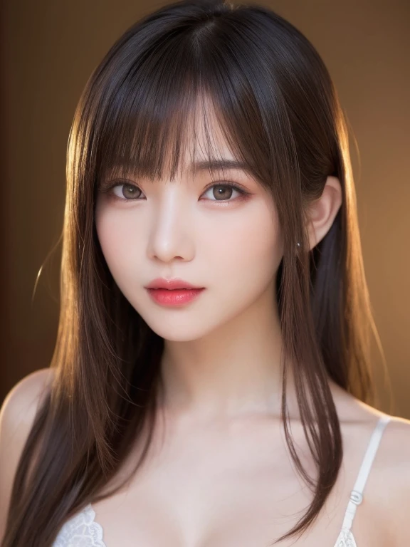 ((full body photo:1.5))、(highest quality、table top、8K、best image quality、Award-winning work)、(one young girl, 14 years old:1.3)、(wear only white :1.5)、(See-through  1.5)、(red eyeshadow:1.2)、perfect makeup、long eyelashes、Super high-definition sparkling eyes、ultra high definition hair、ultra high resolution glossy lips、Super high resolution perfect teeth、Super high resolution cute face、brown hair、(very long straight hair:1.1)、look at me and smile、[clavicle]、accurate anatomy、(close up of face:1.5)、Luxury love hotel、(The most moody warm lighting:1.2)、blurred background、With bangs、Super high-resolution glossy and moisturized face、Super high resolution glowing skin、most detailed face、Ultra high resolution detailed faces、ultra high resolution hair、Super high resolution sparkling eyes、Beautiful face drawn in every detail、Super high resolution glossy red lips