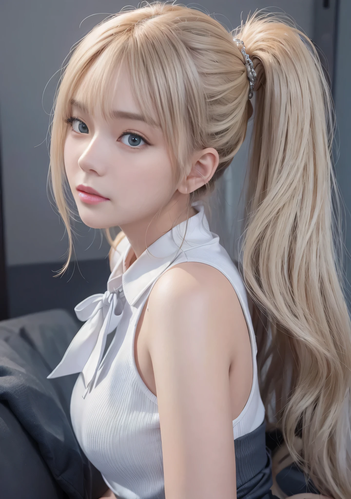 Portrait、、bright look、ponytail、young shiny glossy white shiny skin、best looks、blonde reflection、Platinum blonde hair with dazzling highlights、shiny bright hair,、Super long smooth straight hair、Shining beautiful bangs、Sparkling crystal clear charming big blue eyes、Very beautiful and lovely cute 16 year old girl、rich bust、White and beautiful blouse、With slit、((I could see the whole body))、beautiful face、The chest area of the clothes looks tight、Loose and fluffy perm、Pleated skirt with lots of checked pleats、No bra、