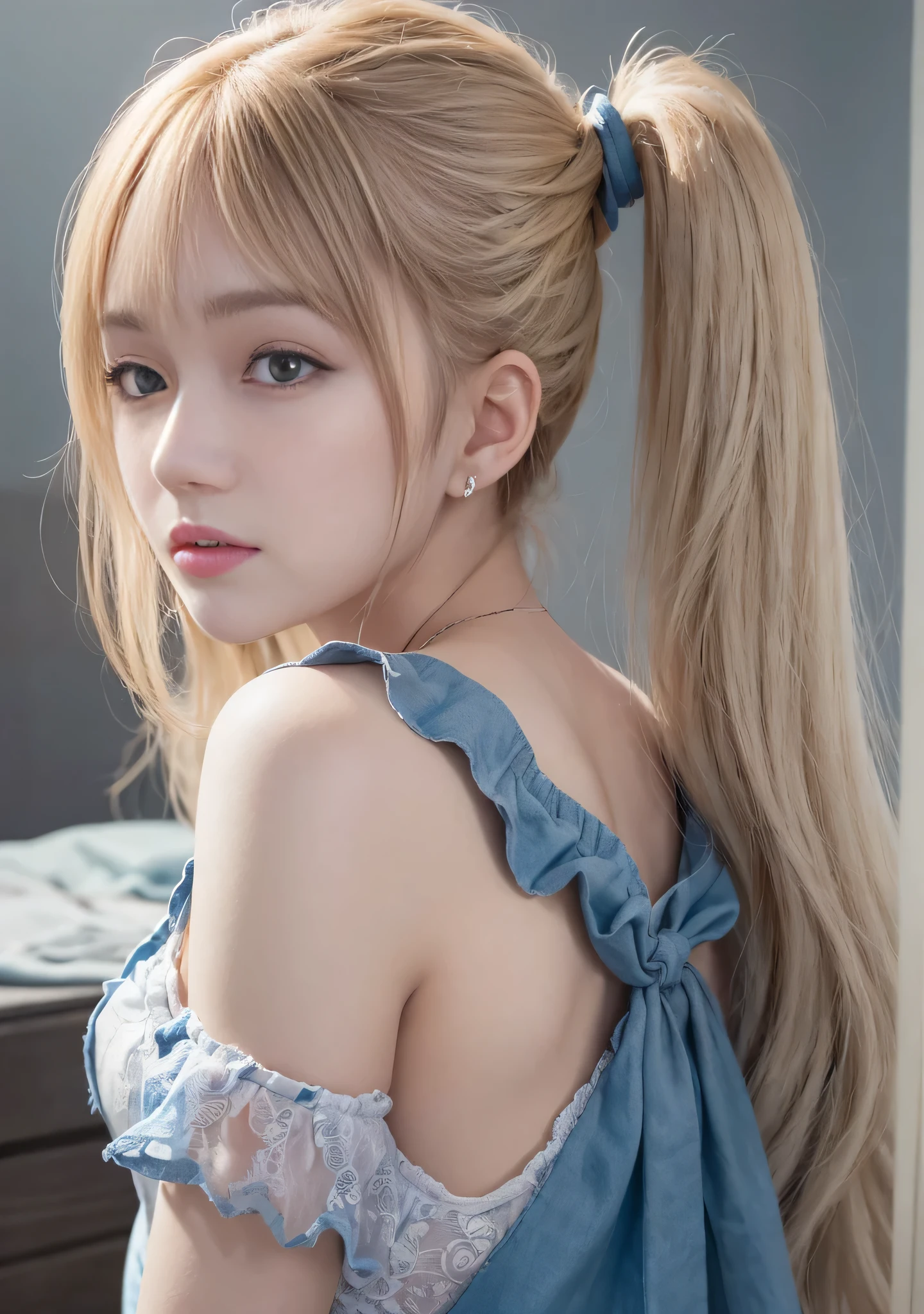 Portrait、、bright look、ponytail、young shiny glossy white shiny skin、best looks、blonde reflection、Platinum blonde hair with dazzling highlights、shiny bright hair,、Super long smooth straight hair、Shining beautiful bangs、Sparkling crystal clear charming big blue eyes、Very beautiful and lovely cute girl、rich bust、White and beautiful blouse、With slit、((I could see the whole body))、beautiful face、The chest area of the clothes looks tight、Loose and fluffy perm、Pleated skirt with lots of checked pleats、No bra、