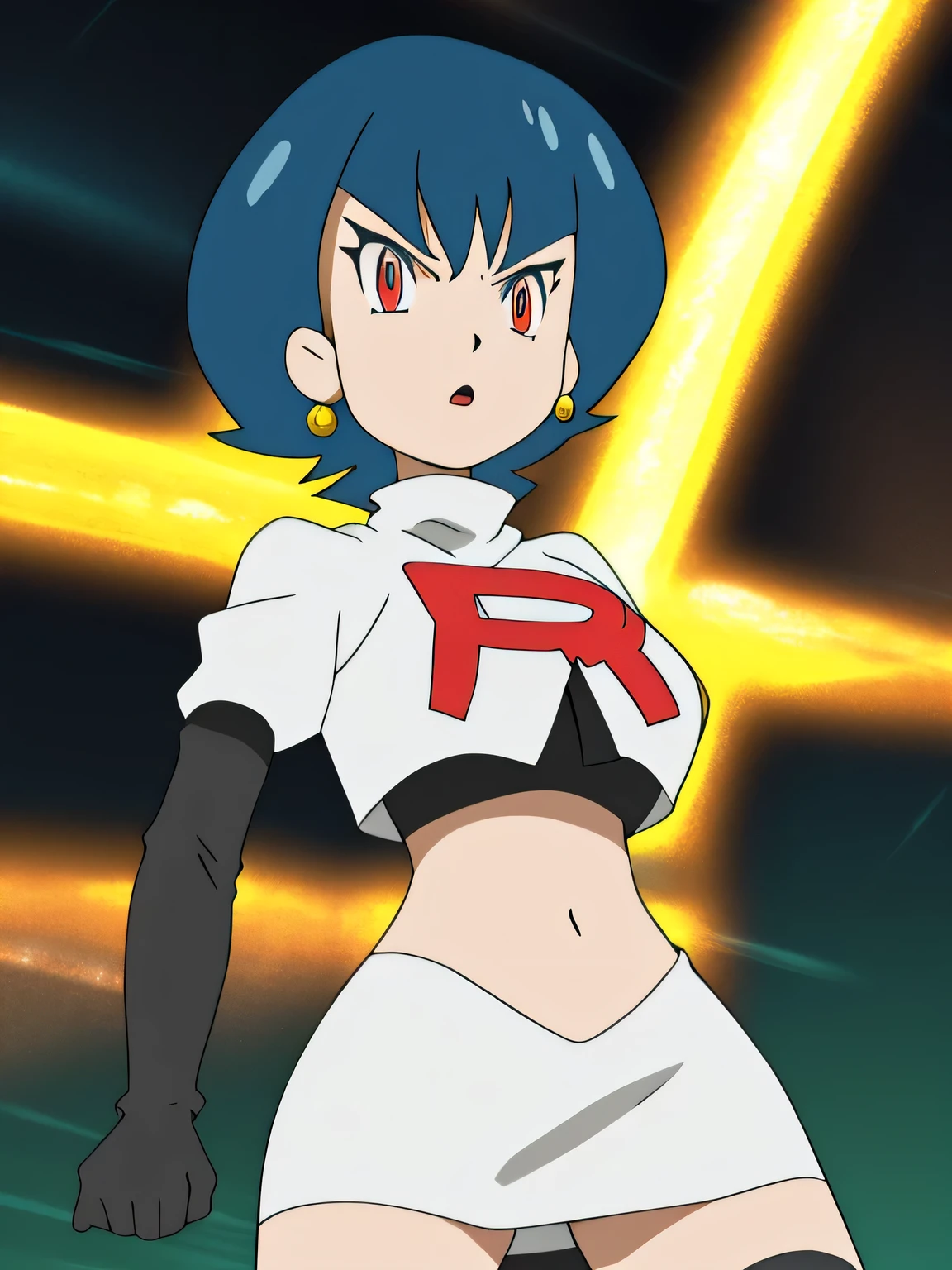8k, masterpiece,highres,very large breast, team rocket uniform, red letter r, white skirt,white crop top,black thigh-high boots, black elbow gloves, glaring angrily, looking down at viewer, hands on hips, cowboy shot, zettai ryouiki,from below, black panties,anime style, vivid colors, sharp focus, intense lighting,SabrinaPKMN, black hair ,glossy lips, earings