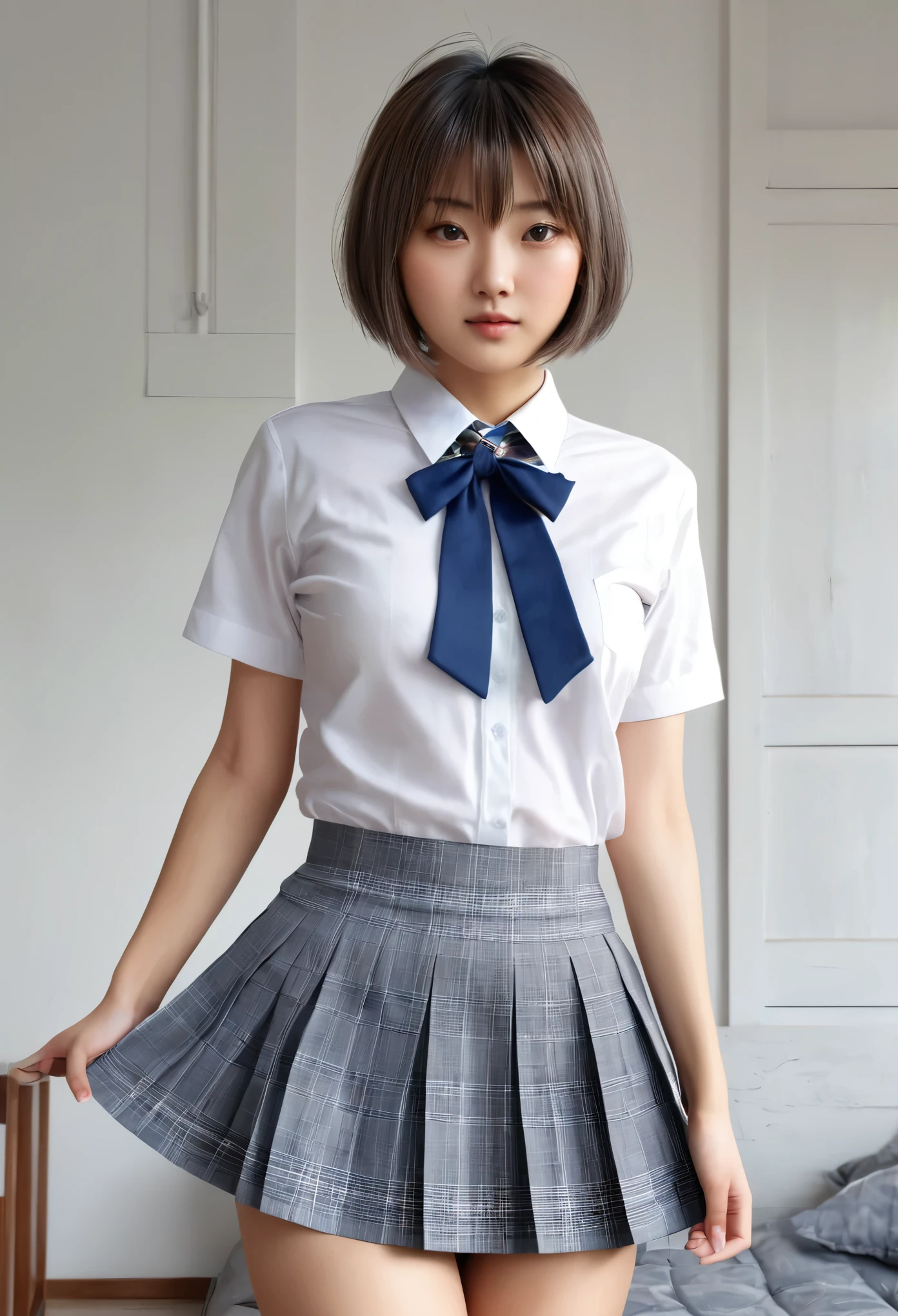 (masterpiece:1.2, highest quality), (realistic, photorealistic:1.4), beautiful illustrations,
looking at the viewer, whole body, Front view:0.6,
1 girl, Japanese, high School girl, ((super short hair:1.5)), blown hair, bangs, hair between eyes, big breasts:0.8,
beautiful hair, beautiful face, beautiful and detailed eyes, beautiful clavicle, beautiful body, beautiful breasts, beautiful thighs, beautiful feet, beautiful fingers,
(beautiful scenery), , School,
((collared short sleeve shirt, white shirt, , Grey plaid pleated skirt, blue plaid bow tie)), white panties,
(Are standing, , lift the skirt, grab the hem of the skirt, put your hand on your chest, hand between legs),
blush, ,