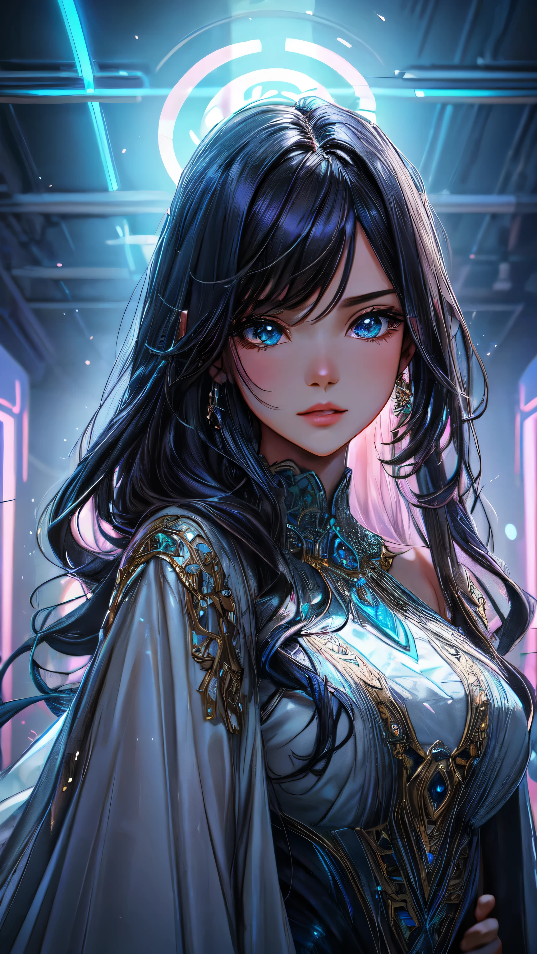 The scene opens in a softly lit studio with subtle hues of lavender and teal emanating from the neon lights scattered around. The background is adorned with blooming flowers, their vibrant colors contrasting against the muted tones, creating a dreamlike ambiance.
In the center of the composition stands a woman, her presence commanding attention with an aura of confidence and sensuality. She exudes feminine beauty with every graceful movement, her posture reflecting an elegant poise.
Her face is the epitome of detail, each feature meticulously crafted to convey realism. Her eyes are deep pools of color, with irises reflecting the ambient light, surrounded by long, delicate eyelashes that flutter softly with every blink. The curve of her lips forms a subtle smile, exuding charm and allure.
Her skin is smooth and flawless, bathed in the gentle glow of the studio lights. The softness of her complexion contrasts with the intricate details of her surroundings, emphasizing her ethereal beauty.
Cascading down her shoulders is a mane of silky hair, each strand catching the light and shimmering with a natural luster. The strands fall in gentle waves, framing her face and accentuating her features.
She is dressed in a flowing gown that drapes elegantly around her form, the fabric adorned with intricate patterns that seem to come alive under the neon lights. The dress hugs her curves in all the right places, enhancing her feminine silhouette with a touch of sophistication.
As she strikes a pose, her body emanates a subtle energy, drawing the viewer into her world of charm and allure. The vivid colors of her attire pop against the soft background, creating a mesmerizing contrast that captivates the eye.
Every detail in the scene is rendered with precision and clarity, from the delicate folds of her dress to the subtle highlights in her hair. The sharp focus of the image captures every nuance, immersing the viewer in a world of beauty and elegance.