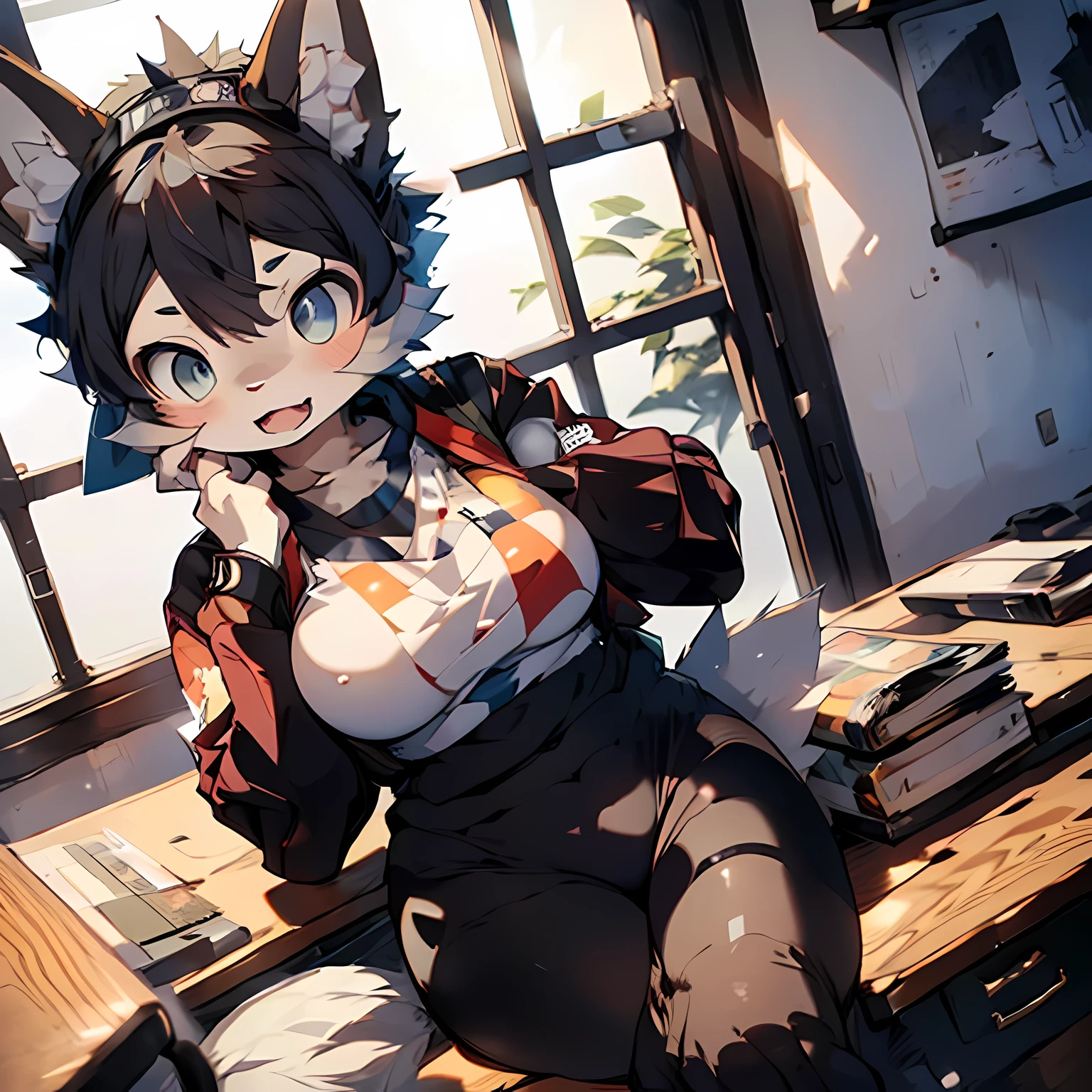 Thicc anime furry girl, sitting at desk, tight clothes