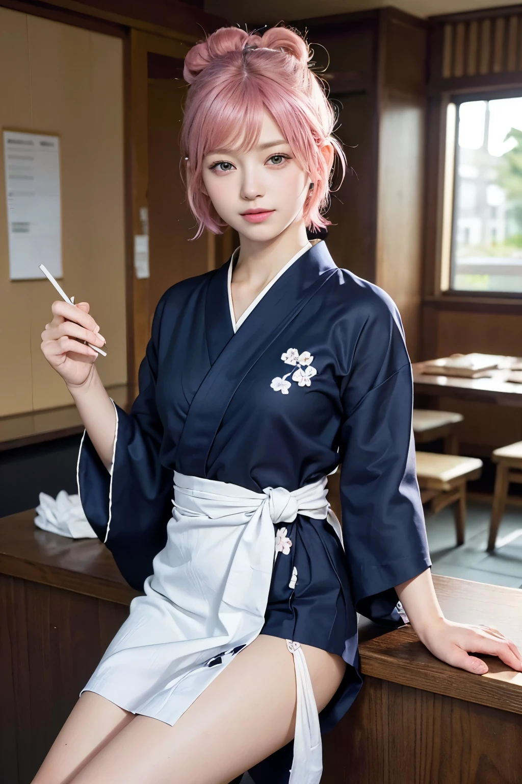 (8K, highest quality, masterpiece:1,2), (realistic, Photoreal:1.37), Super detailed, one girl,), (very detailed), (detailed and beautiful eyes), (highest qualityの), (Super detailed ), (masterpiece), (detailed face),20-year-old, ,1 girl, ((pink hair,very short hair)), medium breasts, dressed, perfect lighting, break (navy blue haori:1.3), (white collar:1.2), (three quarter sleeves:1.2), (white kimono:1.4), (nature motif pattern:1.2), (navy blue hakama:1.3), (Ankle length:1.2), (The hem is not too wide either、:1.2), (white obi:1.4), (simple knot:1.2), (white foot bag:1.2), (Black geta:1.2), (low height:1.2), (Easy to walk:1.2), (bun hair:1.2), (hair ornaments:1.2), (flowers and pieces of paper:1.2), break bun hair, flowers and pieces of paper hair ornaments, smile, friendly, looking at camera, hold soba with right hand, Holding chopsticks with left hand, Please do not put soup on the soba., In front of the soba shop counter, Wall with menu and photos, Natural light, Adding soft shadows to the face
