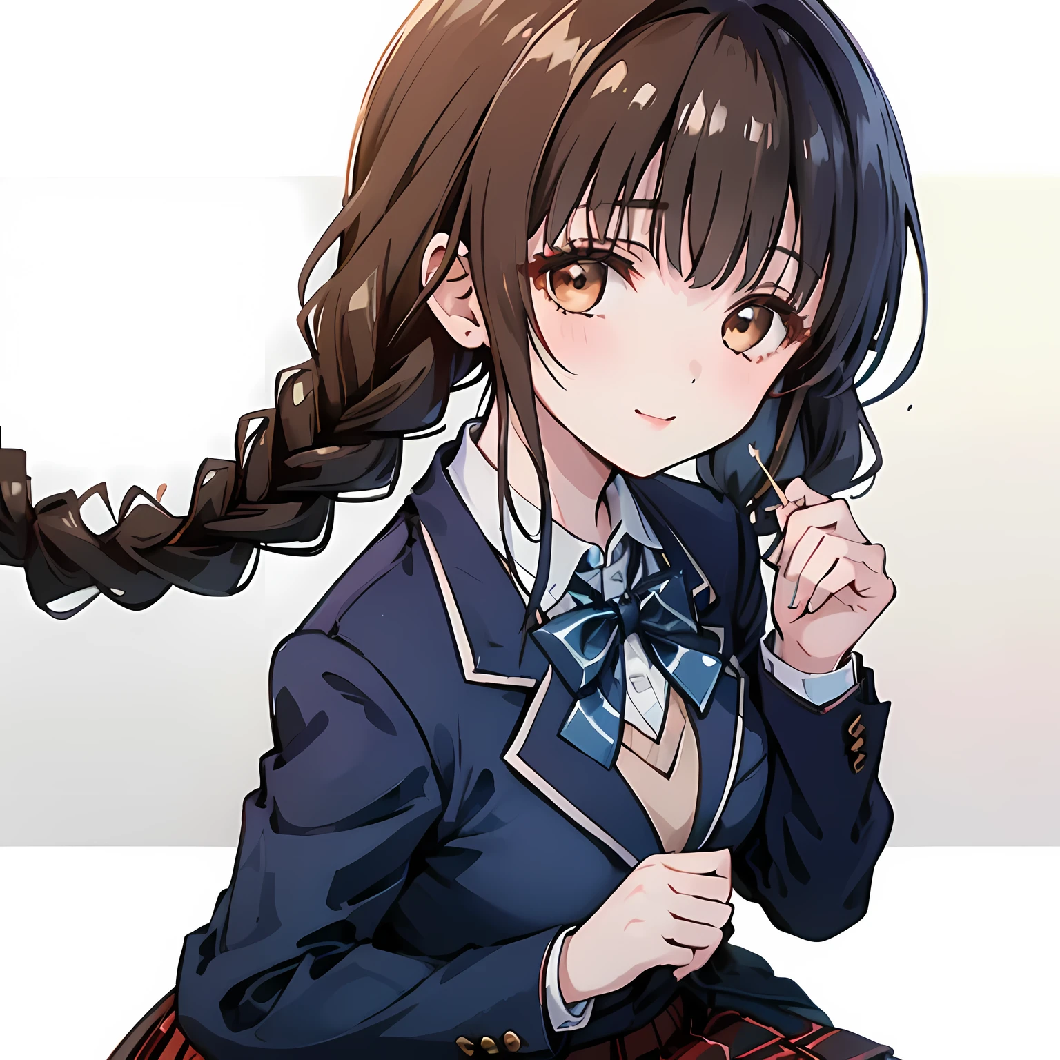 highest quality, (masterpiece:1.2), High resolution, perfect pixel, One so beautiful woman is standing, 16 years old, (((big very detailed beautiful dark brown eyes))), ((girly large wine-red glossy polyester Japanese school ribbon bow tie)), (((beautiful twin braids hair))), ((((dark blue & deep navy colored tartan checkered formal skirt)))), ((A formal dark blue blazer that is slightly larger and has a gold emblem on the left chest that feels like the texture of the cloth.)), Watching the viewer and laughing, Very fun, Very happy, mouth is open, the skirt is so cute, detailed fingers, modest chest, curled bangs, ((Lip balm)), so beautiful, long eyelashes, ((Skirt and bow tie is photo realistic)), ((a very shy girl)), Appeal to viewers, big long girly hair ribbons, ((Impressive and very beautiful eyes)), ((shot from above)), double eyelids, The entire skirt is photographed, ((((upward glance))))