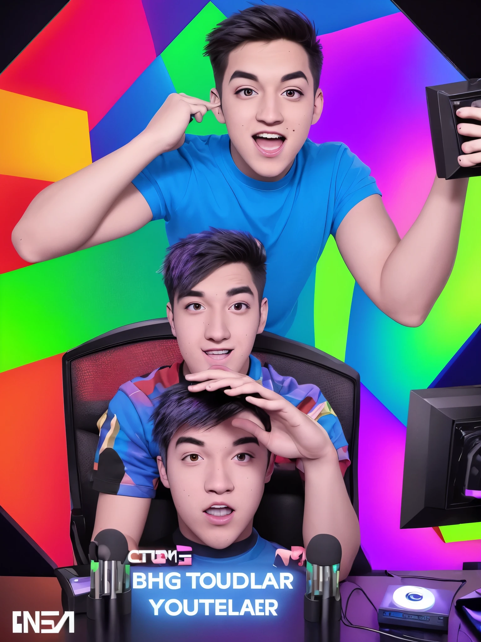 In the image, a YouTuber sits facing the camera, their expression engaged and enthusiastic. The background is adorned with vibrant RGB lighting, creating a captivating visual atmosphere. The lighting is expertly set up, casting a flattering glow on the YouTuber's features, highlighting their high-quality appearance. The overall composition exudes professionalism and draws viewers in with its dynamic energy.