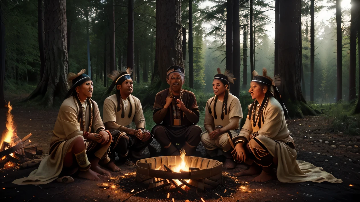 ((Best quality In wide, immersive photography in 4K resolution, the faces of Brazilian indigenous people are the central focus of the scene, illuminated by the flames of the great bonfire around which they are sitting. Flickering light creates dancing shadows, highlighting their human expressions as they tell horror stories in the forest at night. every detail is meticulously captured, from the facial features to the traditional clothing and the natural scenery in the background. This image transports viewers to a world of mystery and intrigue, capturing the essence of indigenous traditions and folklore.")), ((obra de arte)), (detalhado), rosto perfeito