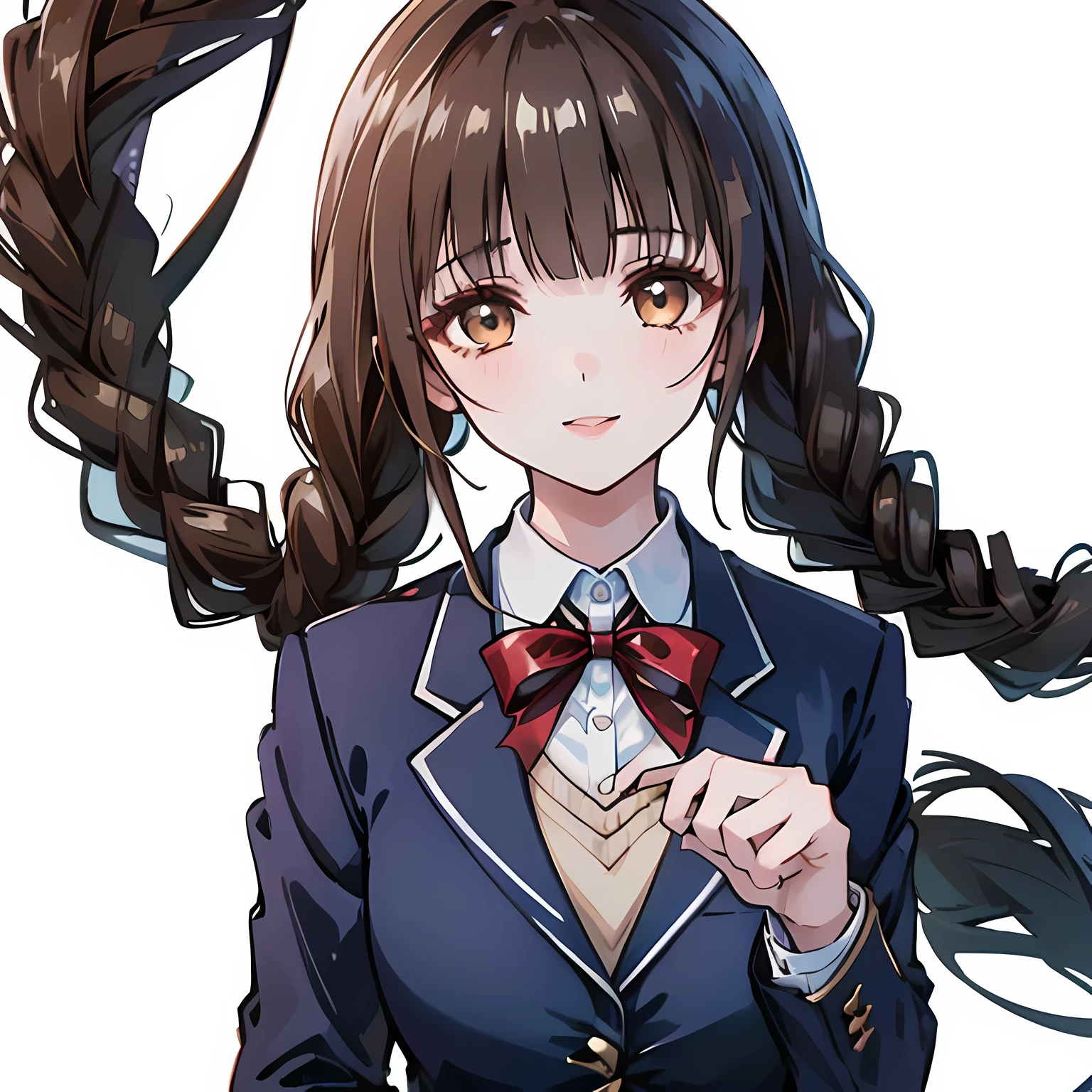 highest quality, (masterpiece:1.2), High resolution, perfect pixel, One so beautiful woman is standing, , (((big very detailed beautiful dark brown eyes))), ((girly large wine-red glossy polyester Japanese school ribbon bow tie)), (((beautiful twin braids hair))), ((((dark blue & deep navy colored tartan checkered formal skirt)))), ((A formal dark blue blazer that is slightly larger and has a gold emblem on the left chest that feels like the texture of the cloth.)), Watching the viewer and laughing, Very fun, Very happy, mouth is open, the skirt is so cute, detailed fingers, modest chest, curled bangs, ((Lip balm)), so beautiful, long eyelashes, ((Skirt and bow tie is photo realistic)), ((a very shy girl)), Appeal to viewers, big long girly hair ribbons, ((Impressive and very beautiful eyes)), ((shot from above)), double eyelids, The entire skirt is photographed, ((((upward glance))))