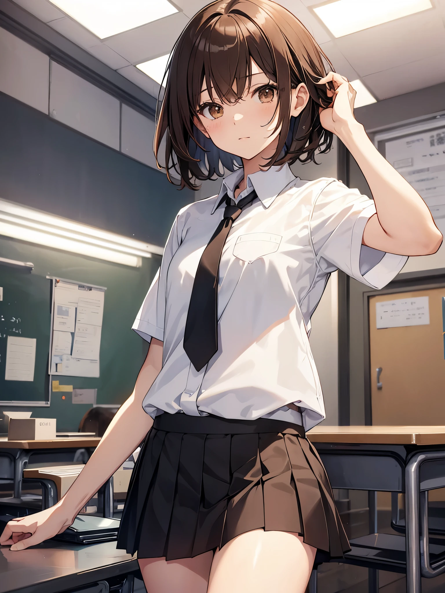 best quality, superior_Mikoto, brown eyes, short_hair, small_chest, looking at the viewer, solo, closed_mouth, first round_shirt, School_uniform, shirt, turned white_shirt, , classroom whole body mini skirt cool look sexy pose