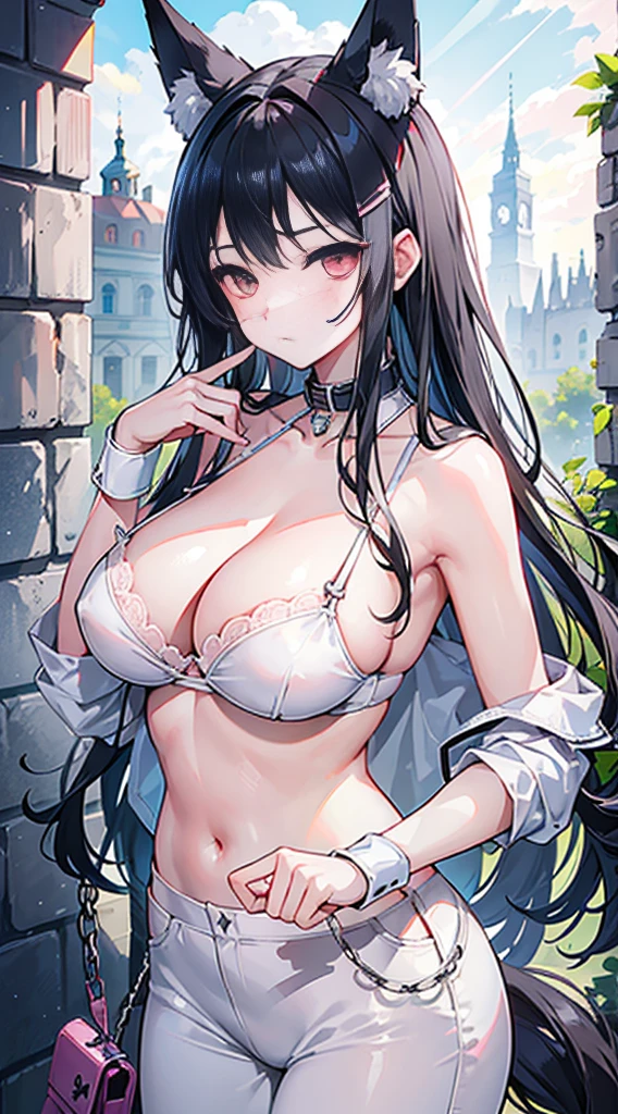 high quality, masterpiece, super detailed, 1 girl,  extremely detailed faces, White rag bra，black shorts，handcuffs，collar，Calm expression,handcuffs，collar,Kneeling on the ground，long black hair, charming pink eyes, fox ears, Ridiculously big, shiny skin, Outdoor sports, Ukraine，battlefield，Broken walls