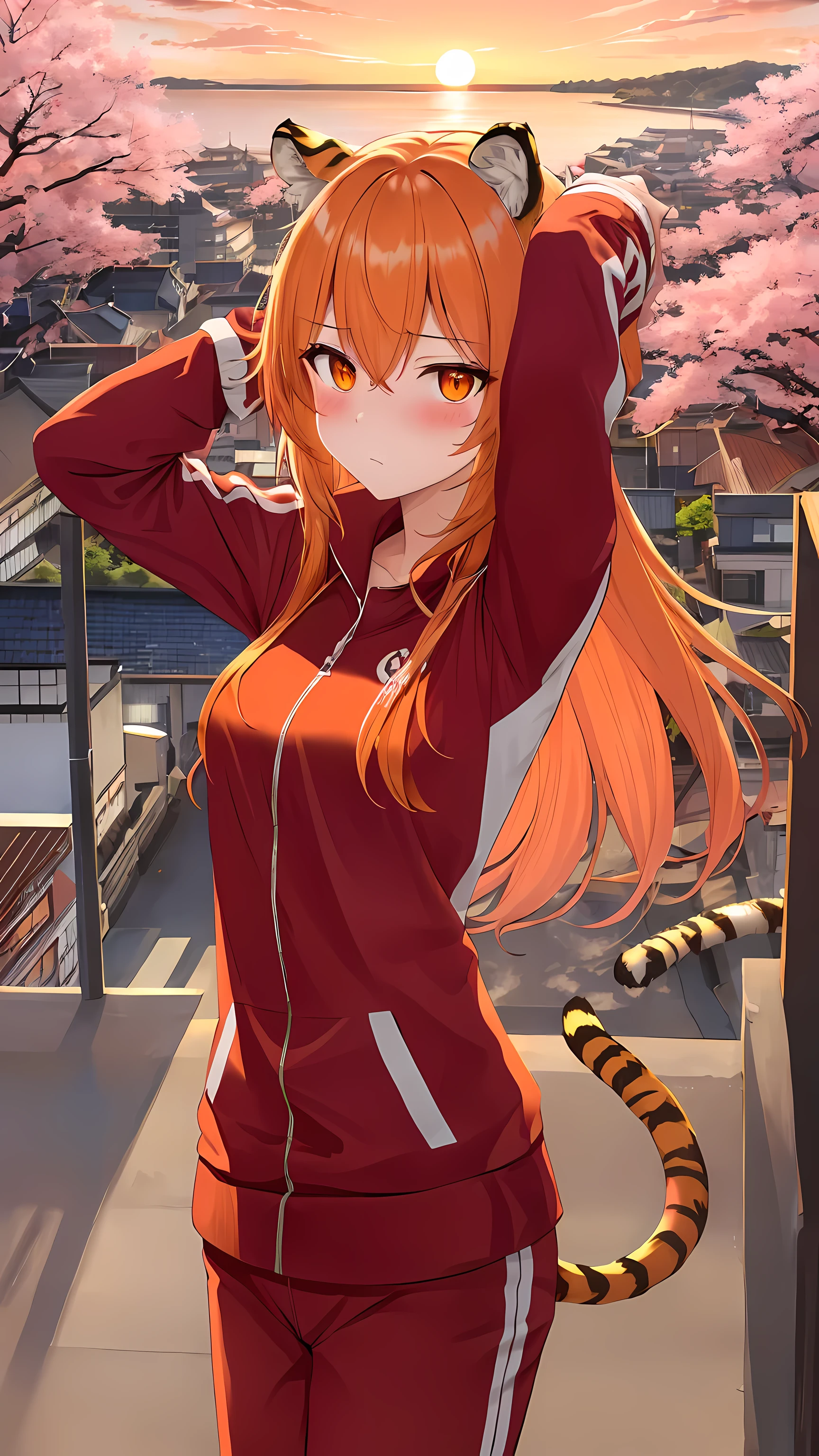 (masterpiece), best quality, expressive eyes, perfect face, details, solo, tiger girl, tiger tail, tiger ears, long hair, bushy hair, orange hair, orange eyes, arms up, tsundere, blush, orange tracksuit, japan, cherry trees blossom, city, building, cloudy, sunset, beach, beautiful view, aesthetic