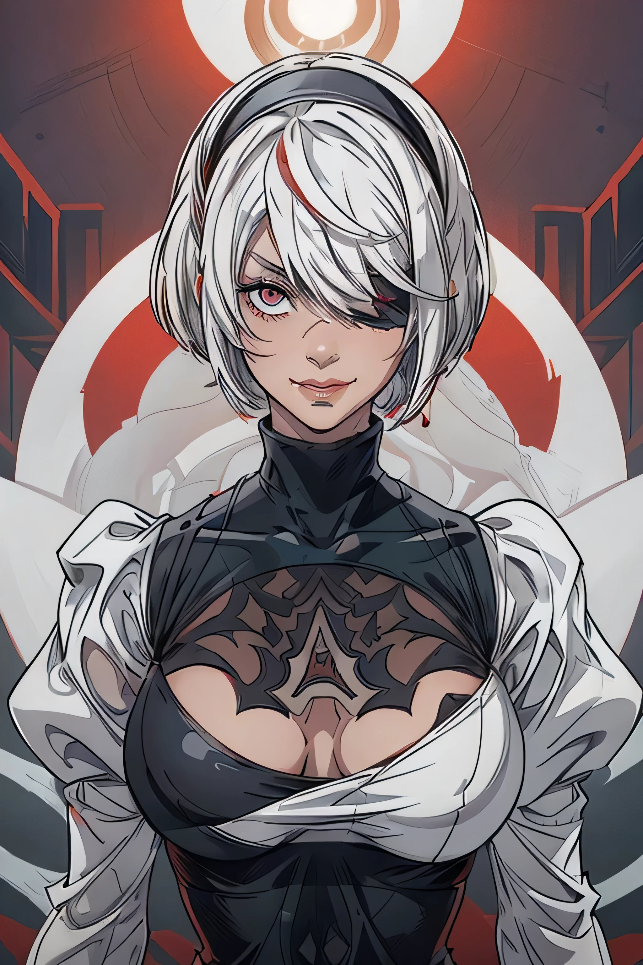 girl, nier, 2b, nier automata, right eye brigh red, left eye bright blue, smile, white hair, white clothes, small , hero face, hidden, long white hair free, left eye red, left eye bright red, sharringan on left eye, body full cover by clothes, cover by clothes, covered.