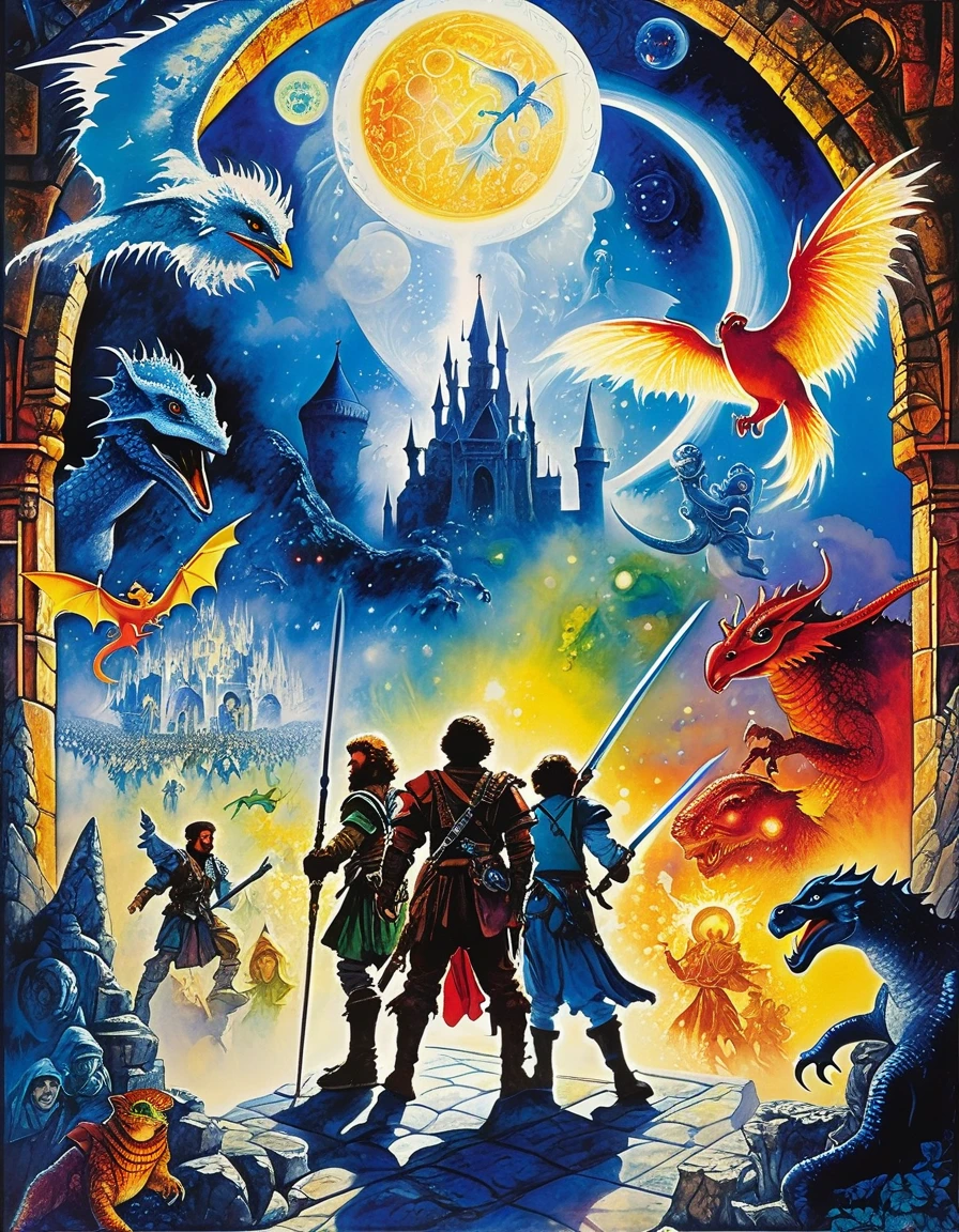 The "Dungeons and Dragons" poster is an amazingly beautiful and very detailed movie poster ((Drew Struzan style)), collage, watercolor, arranged((Marc Chagall style)), magic naive art, primitivism, protogen, ((best quality, Masterpiece)), ((Highest detail)), RAW:1,1, 8k