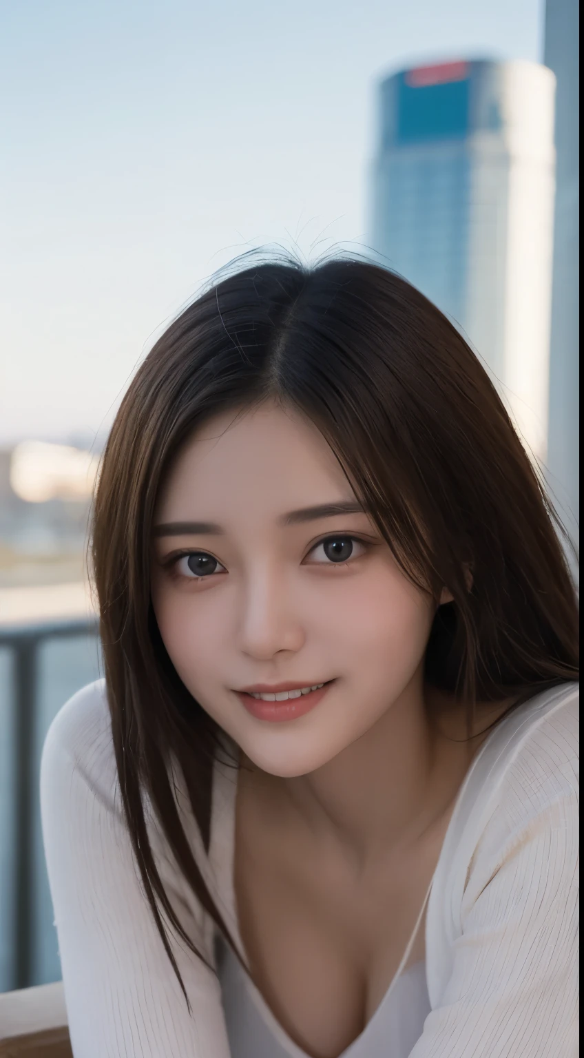 table top, highest quality, figure, Super detailed, finely, High resolution, 8k wallpaper, 完璧なダイナミックな構figure, detailed and beautiful eyes, winter dress,medium hair, small breasts, natural color lip,smile,big city、20 year old girl、midnight、beautiful and detailed face、perfect and beautiful face、slim face and style,spread your arms wide,Big eyes,Take a photo from below the knees at a face angle，cute，different color dress，various poses，tower man