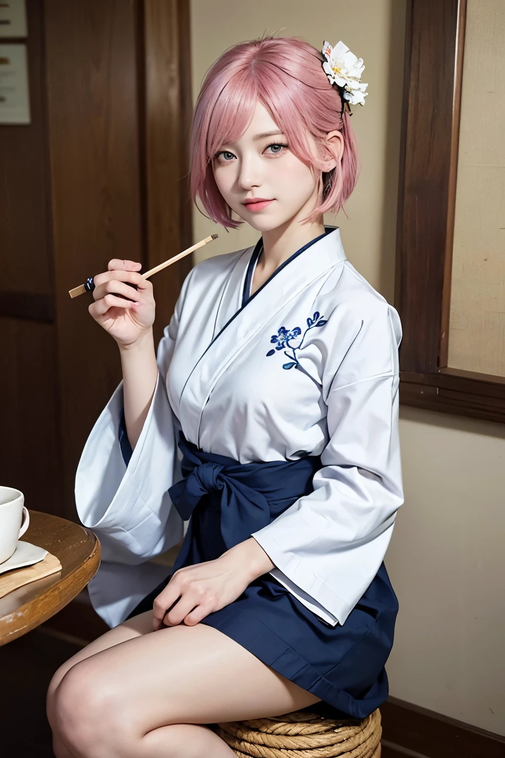 (8K, highest quality, masterpiece:1,2), (realistic, Photoreal:1.37), Super detailed, one girl,), (very detailed), (detailed and beautiful eyes), (highest qualityの), (Super detailed ), (masterpiece), (detailed face),20-year-old, ,1 girl, ((pink hair,very short hair)), medium breasts, dressed, perfect lighting, break (navy blue haori:1.3), (white collar:1.2), (three quarter sleeves:1.2), (white kimono:1.4), (nature motif pattern:1.2), (navy blue hakama:1.3), (Ankle length:1.2), (The hem is not too wide either、:1.2), (white obi:1.4), (simple knot:1.2), (white foot bag:1.2), (Black geta:1.2), (low height:1.2), (Easy to walk:1.2), (bun hair:1.2), (hair ornaments:1.2), (flowers and pieces of paper:1.2), break bun hair, flowers and pieces of paper hair ornaments, smile, friendly, looking at camera, hold soba with right hand, Holding chopsticks with left hand, Please do not put soup on the soba., In front of the soba shop counter, Wall with menu and photos, Natural light, Adding soft shadows to the face