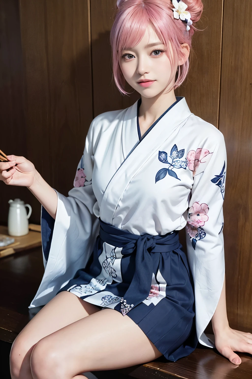 (8K, highest quality, masterpiece:1,2), (realistic, Photoreal:1.37), Super detailed, one girl,), (very detailed), (detailed and beautiful eyes), (highest qualityの), (Super detailed ), (masterpiece), (detailed face),20-year-old, ,1 girl, ((pink hair,very short hair)), medium breasts, dressed, perfect lighting, break (navy blue haori:1.3), (white collar:1.2), (three quarter sleeves:1.2), (white kimono:1.4), (nature motif pattern:1.2), (navy blue hakama:1.3), (Ankle length:1.2), (The hem is not too wide either、:1.2), (white obi:1.4), (simple knot:1.2), (white foot bag:1.2), (Black geta:1.2), (low height:1.2), (Easy to walk:1.2), (bun hair:1.2), (hair ornaments:1.2), (flowers and pieces of paper:1.2), break bun hair, flowers and pieces of paper hair ornaments, smile, friendly, looking at camera, hold soba with right hand, Holding chopsticks with left hand, Please do not put soup on the soba., In front of the soba shop counter, Wall with menu and photos, Natural light, Adding soft shadows to the face